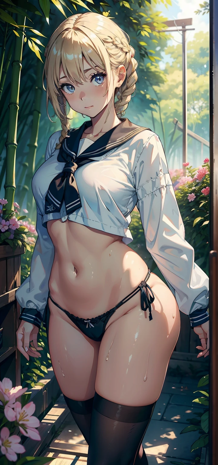 1female,25 age old,Slim,Large breasts,long leges,Big breasts Thin waist,Pornographic exposure, 独奏,(Background with:bamboo forrest,Stand in a sea of flowers,in summer) She has short blonde hair,standing on your feet,Sweat profusely,drenched all over the body,seen from the front, Twist braids, mostly cloudy sky,(((tmasterpiece),(Very detailed CG unity 8K wallpaper),best qualtiy,cinmatic lighting,detailed back ground,beatiful detailed eyes,Bright pupils,(Very fine and beautiful),(Beautiful and detailed eye description),ultra - detailed,tmasterpiece,)),facing at camera,A high resolution,ultra - detailed),revealing breasts,Bare genitalia, Bulge,Camel toes,Raised sexy,Flushed complexion,Open-mouthed,frontage,(Wearing:Sailor uniform,Black socks,)nakeness,upper body photos