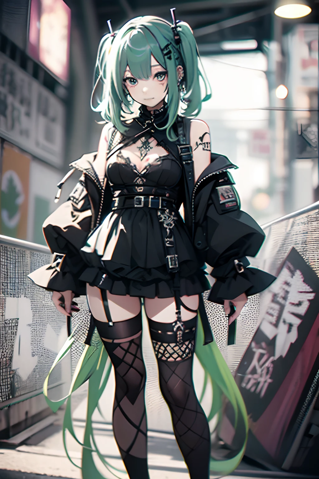 Green hair、miku hatsune、Twin-tailed、piercings、耳Nipple Ring、The tattoo、goth_punk, 1girl in, 独奏,、top-quality, Photorealistic, An ultra-fine illustrations, beautiful attractive anime girl, miku hatsune, Slender body, Tied hair, one girls, a photo of girl, Full body shot, Beautiful blue eyes, Turned,耳Nipple Ring、hair adornments、jewely、