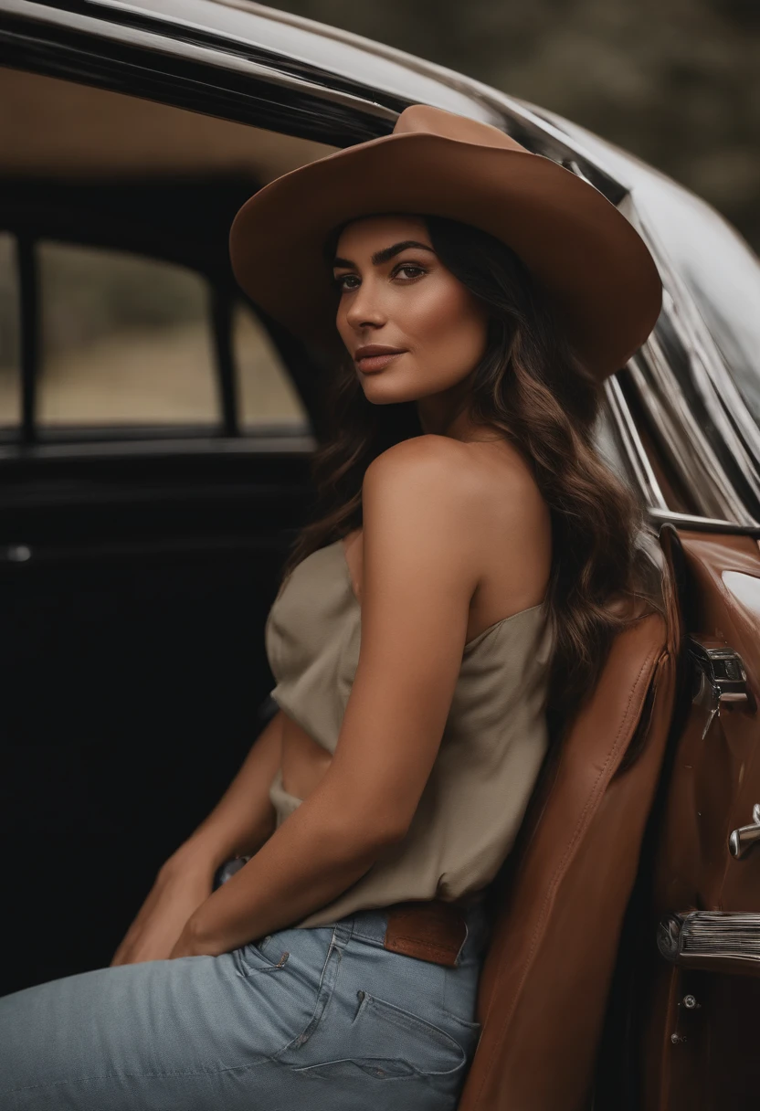 Araffe woman in brown shorts and black hat stands next to a car, uma pintura fotorrealista de Leo Michelson, instagram, Renascimento, her hair is in a pony tail, Kylie Jenner, ela tem dois rabos de cavalo, thick thieves, female camila mendes, big booty, um pouco curvado, thicc, pawg, derriere tonificado