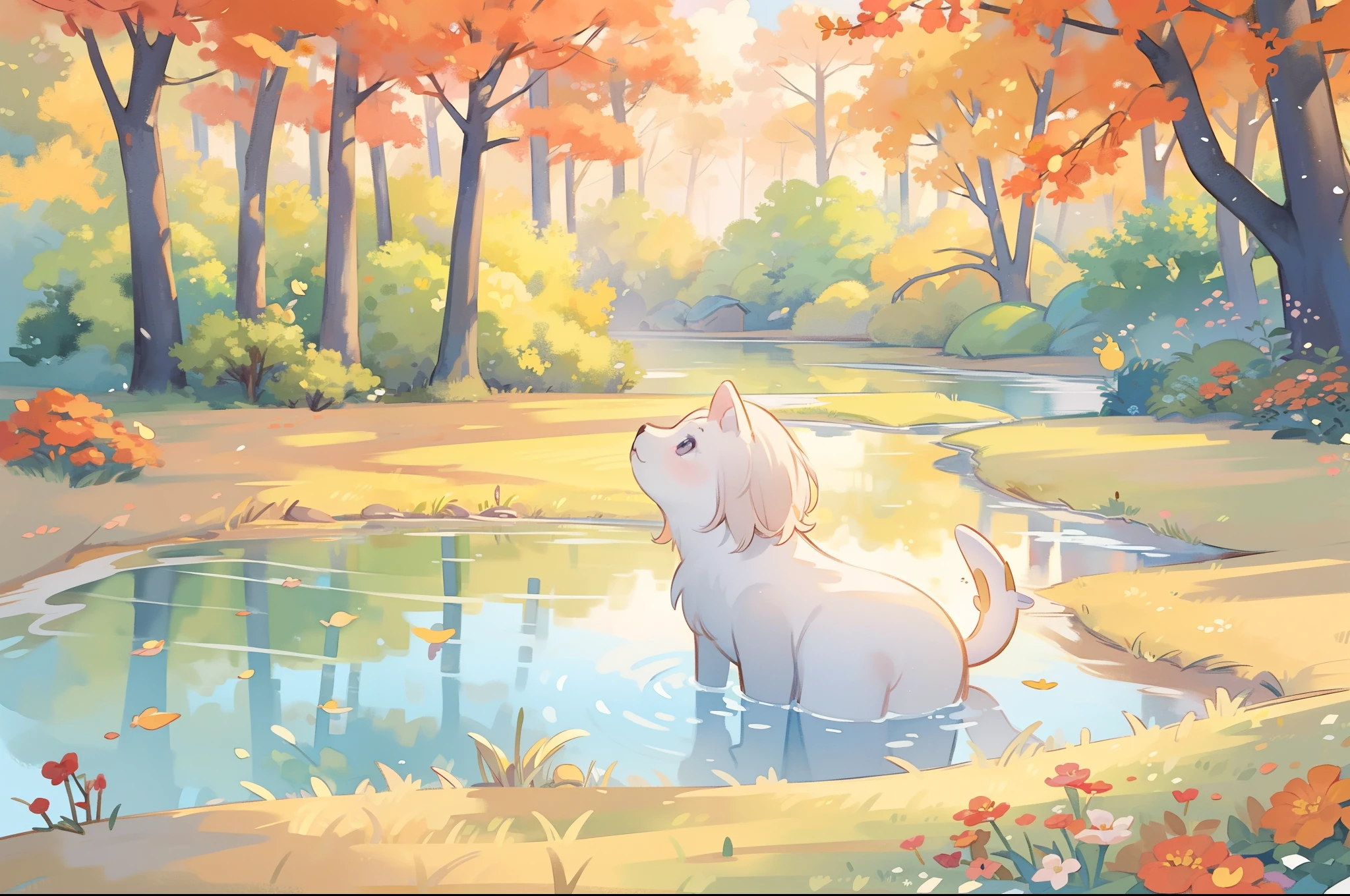 watercolor, children's storybook illustration, clouds, colorful, pastel colors, bright, ((masterpiece)), ((best quality)), 8k, intricate detail, high resolution, highly detailed environment, perfect architecture, sharp focus, highly detailed, fine detail, masterpiece, best quality, tiny details, watercolor storybook illustration, ((autumn)), forest, fall color scheme, autumn warm colors, fantasy landscape,