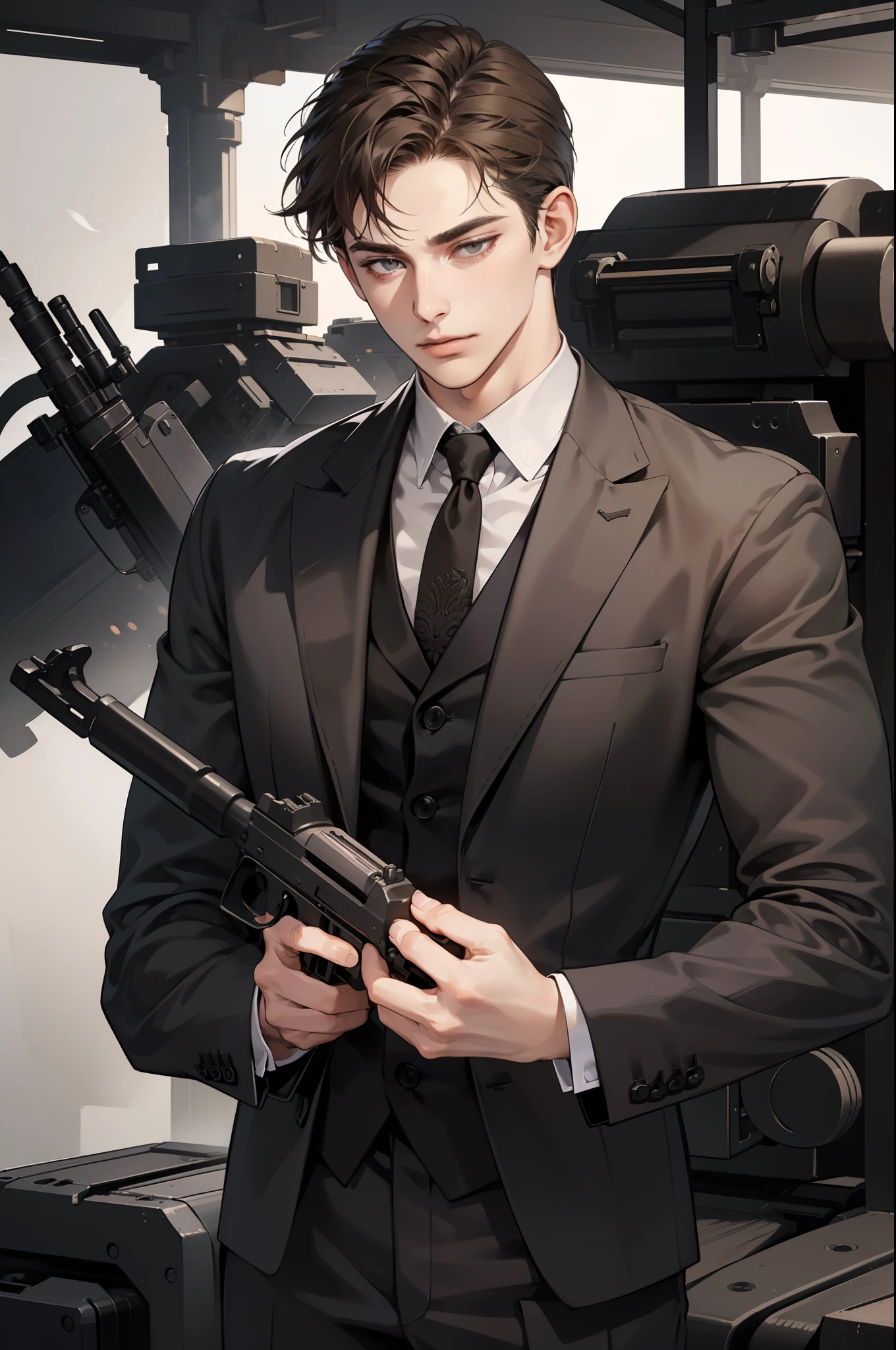masterpiece, best quality, realistic, 1man, mature male, quiet and charming young man, 25 years old, close his eyes, serious, closed mouth, extremely detailed face, cold, ((dark grey eyes)), ((short-right-swept dark brown hair)), [thick eyebrows], mafia, ((black suit)), ((holding a machine gun)), accurate, detailed.