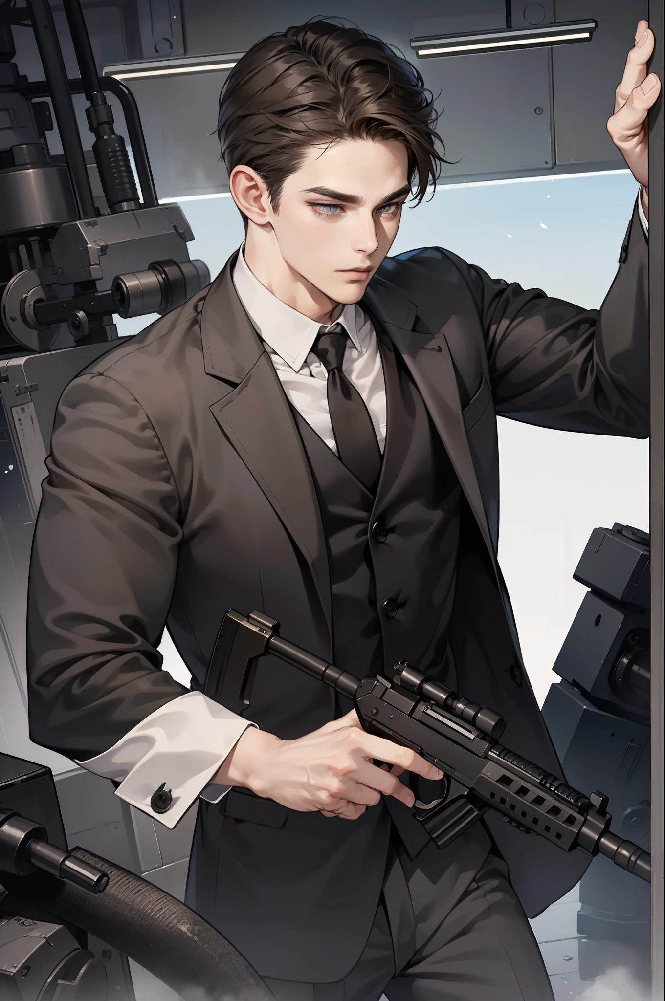 masterpiece, best quality, realistic, 1man, mature male, quiet and charming young man, 25 years old, close his eyes, serious, closed mouth, extremely detailed face, cold, ((dark grey eyes)), ((short-right-swept dark brown hair)), [thick eyebrows], mafia, ((black suit)), ((holding a machine gun)), accurate, detailed.