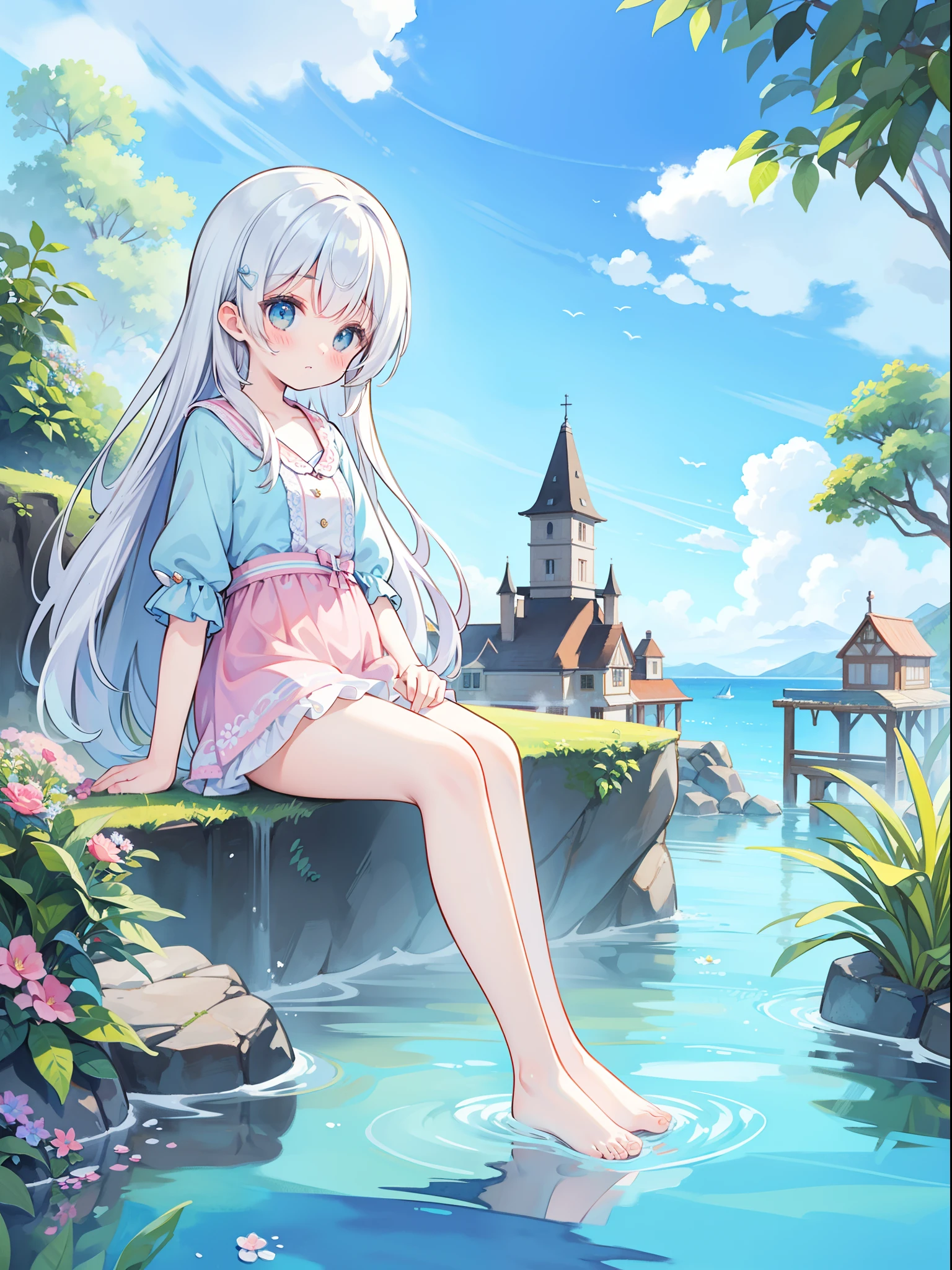 watercolor, children's storybook illustration, clouds, colorful, pastel colors, bright, ((masterpiece)), ((best quality)), 8k, intricate detail, high resolution, highly detailed environment, perfect architecture, sharp focus, highly detailed, fine detail, masterpiece, best quality, tiny details, watercolor storybook illustration, ocean fantasy, watercolor illustration, whimsical, fantasy, seaside village, beautiful girl looking out to the distance