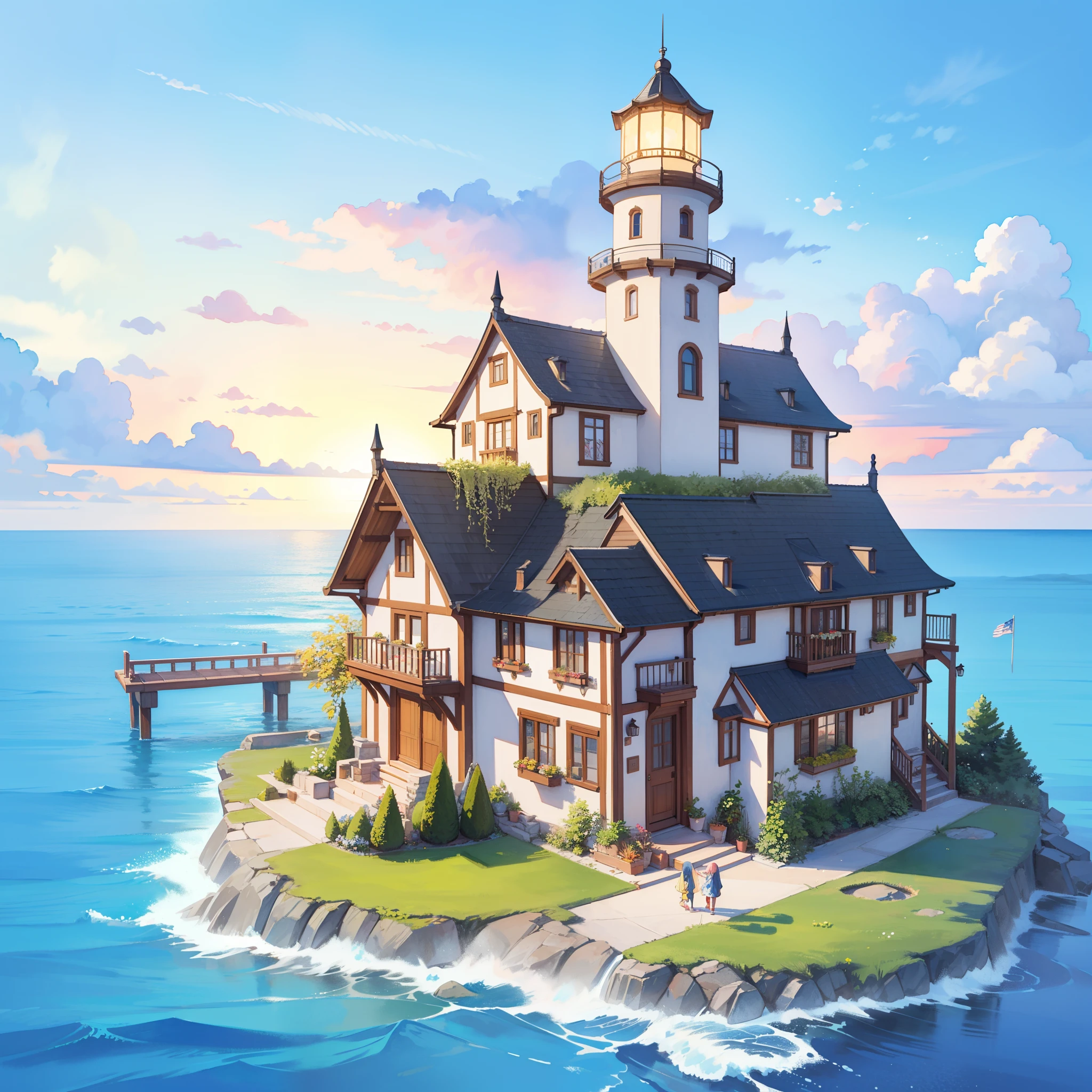 watercolor, children's storybook illustration, clouds, colorful, pastel colors, bright, ((masterpiece)), ((best quality)), 8k, intricate detail, high resolution, highly detailed environment, perfect architecture, sharp focus, highly detailed, fine detail, masterpiece, best quality, tiny details, watercolor storybook illustration, ocean fantasy, watercolor illustration, vibrant colors, village, buildings, houses, lighthouse, ships