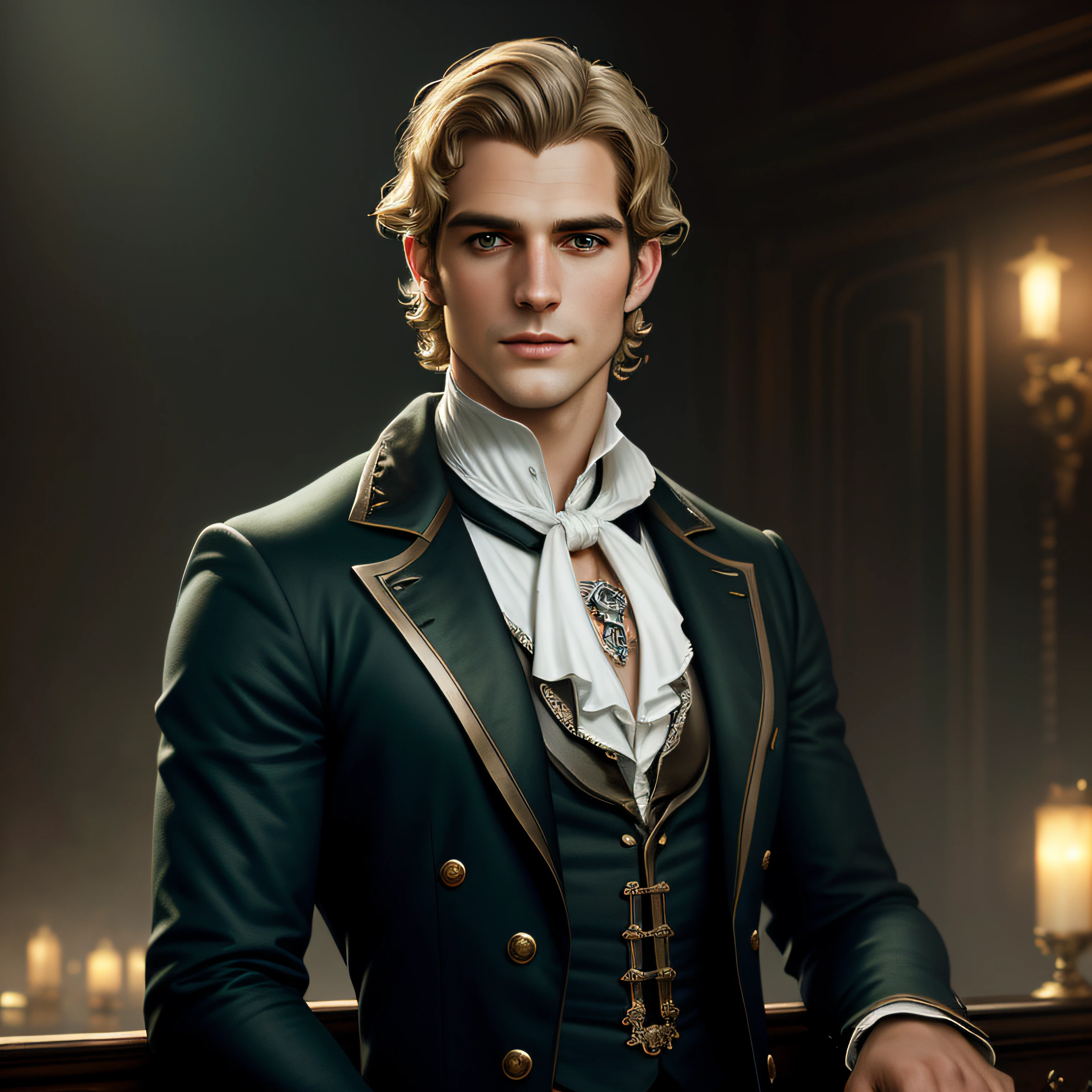 masterpiece stunning tanned masculine and tall man wearing british regency male outfit, looking up, (regency london background), blond wavy short hair, detailed deep green eyes, sensual smile, resemblance to henri cavill, full body, masterpiece, fine detail, rich colors, dramatic lighting, extremely detailed, cinematic lighting hyperdetailed painting, luminism, Bar lighting, complex, 4k resolution concept art portrait by Greg Rutkowski, Artgerm, WLOP, Alphonse Mucha, little fusion pojatti realistic goth: a stunning realistic photograph