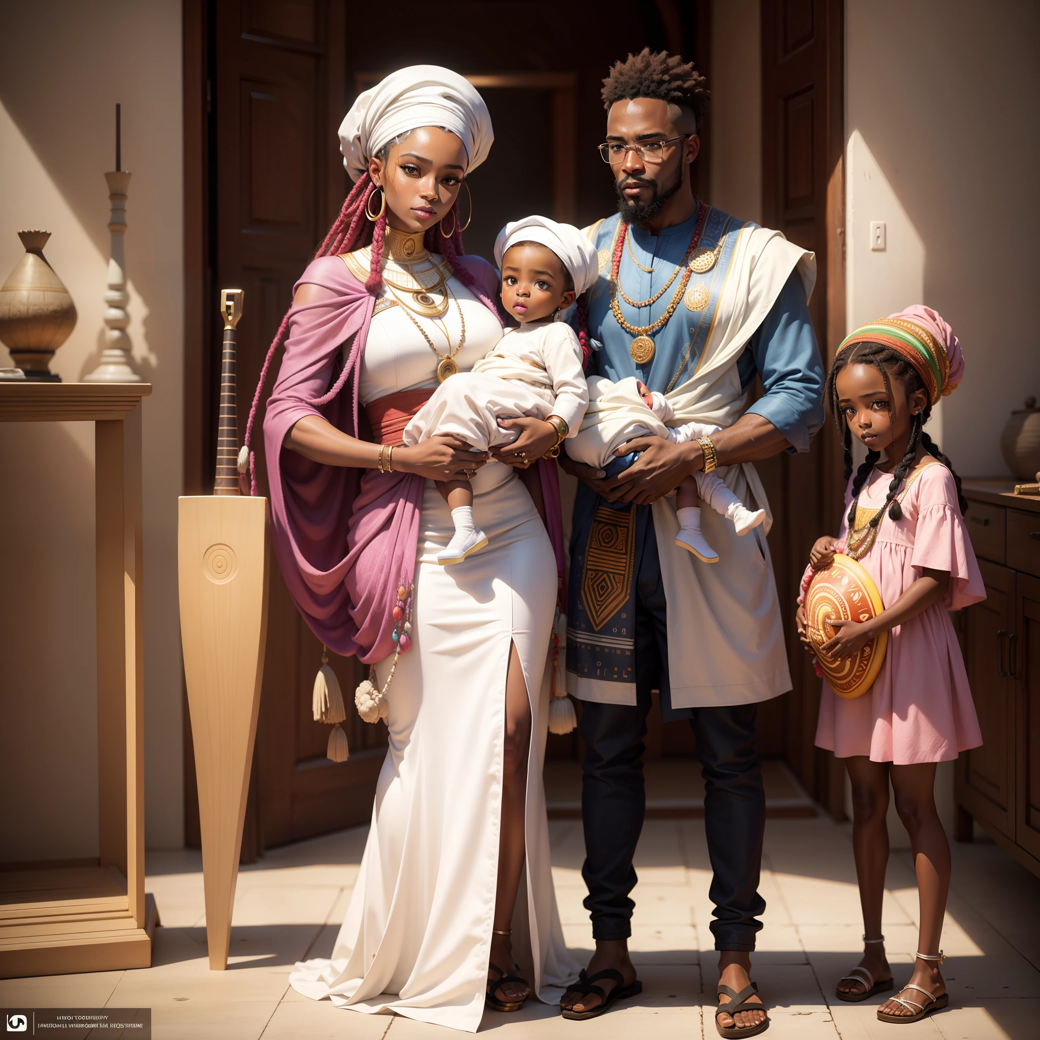 Full body shot of African man and african woman holding their baby, all wearing African designed clothes standing in a coloured white African designed room full of African weapons and African instruments, the whole scene in white colour, white smoke in scene, with iridescent light, photorealistic image, 32k, ultra HD, cinematic lighting, artgerm style, highly detailed images, vibrant and beautiful colours,