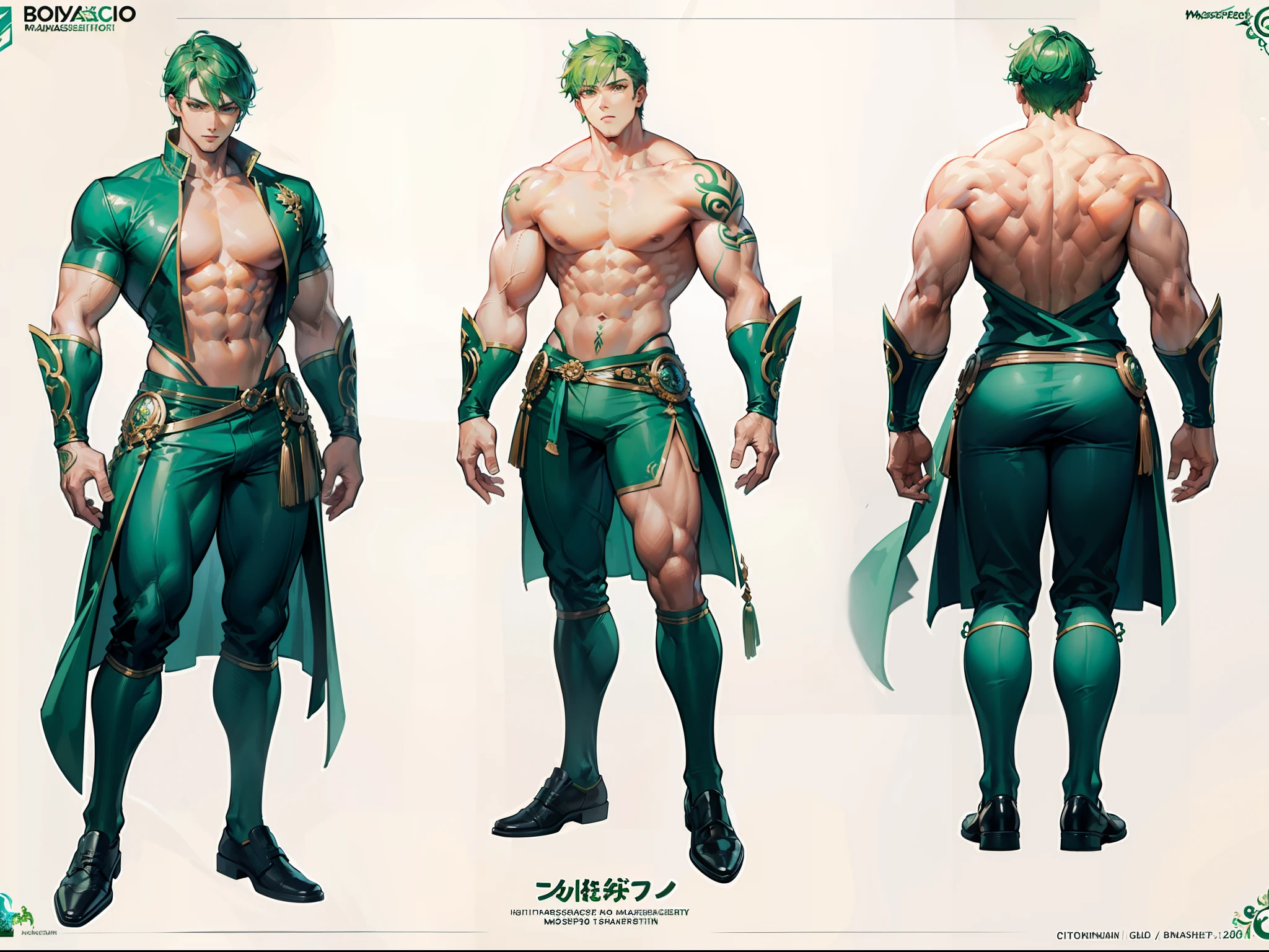 ((Masterpiece, Highest quality)), Detailed face, character design sheet, full bodyesbian, Full of details, frontal body view, back body view, Highly detailed, Depth, Many parts, Muscle boy with green hair,handsome man, muscle body, green outfit male gods, man tall