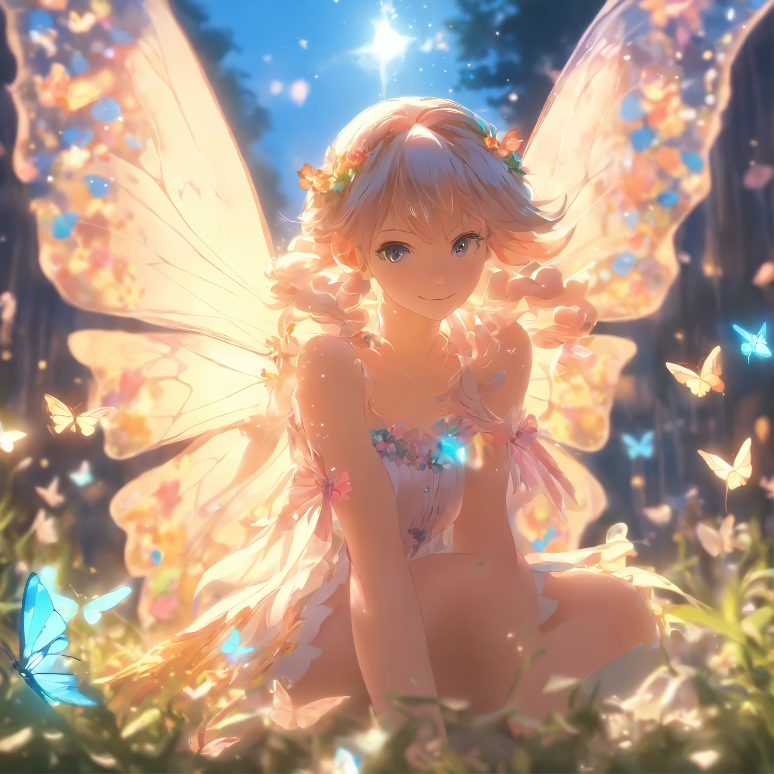 one-girl,Thighs above the knee,Elves in flowers,A pair of transparent butterfly wings,Colorful wings,(A skirt composed of petals:1.5),The petals float into the sky,(Petals of various flowers),best qualtiy,tmasterpiece,Photorealsitic,Photorealistic image quality,The dawn effect,Beam light