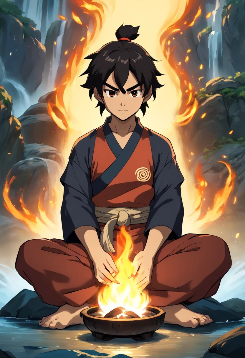 anime do studio ghibli, melhor qualidade, anime, 1st grade, Ryu, Fire Nation Clothing, Ryu (Sopro de Fogo), masculino, universo (avatar the last airbender), sozinho, cabelos pretos, fire, fogo azul, chamas pelo corpo, Escuro, Cabelo samurai, olhos fechados, Meditando, sentado, Avatar Meditation, Meditation training, 16 anos, Fundo Cachoeira, Ryu sopro de fogo, Dominador de Fogo, - Avatar Universe or Last Airbender, mestre do fogo, roupa preta, blusa preto, luvas pretas, Garganta alta, Baggy Puffy Pants, camisa preta de manga comprida.