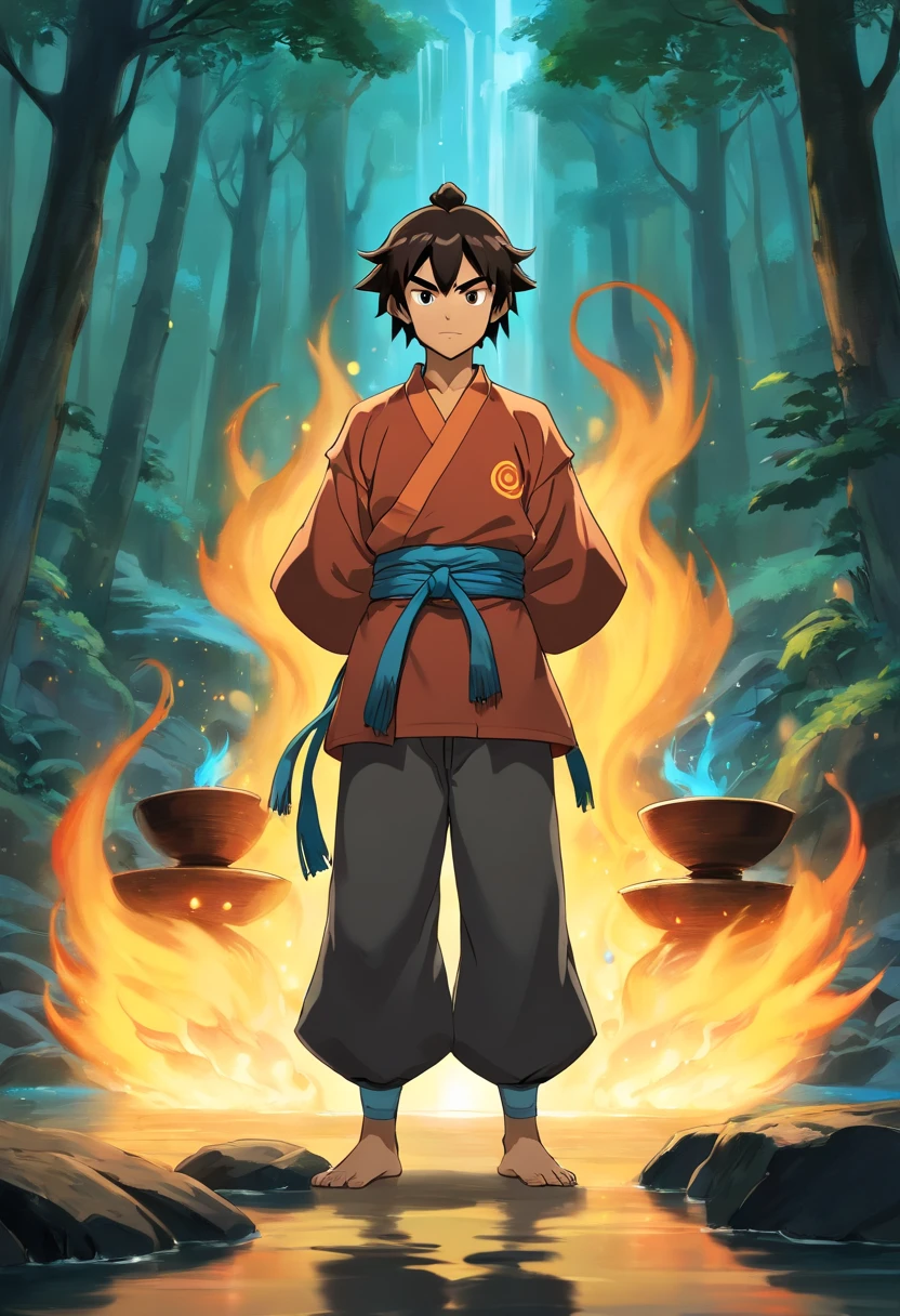 anime do studio ghibli, melhor qualidade, anime, 1st grade, Ryu, Fire Nation Clothing, Ryu (Sopro de Fogo), masculino, universo (avatar the last airbender), sozinho, cabelos pretos, fire, fogo azul, chamas pelo corpo, Escuro, Cabelo samurai, olhos fechados, Meditando, sentado, Avatar Meditation, Meditation training, 16 anos, Fundo Cachoeira, Ryu sopro de fogo, Dominador de Fogo, - Avatar Universe or Last Airbender, mestre do fogo, roupa preta, blusa preto, luvas pretas, Garganta alta, Baggy Puffy Pants, camisa preta de manga comprida.