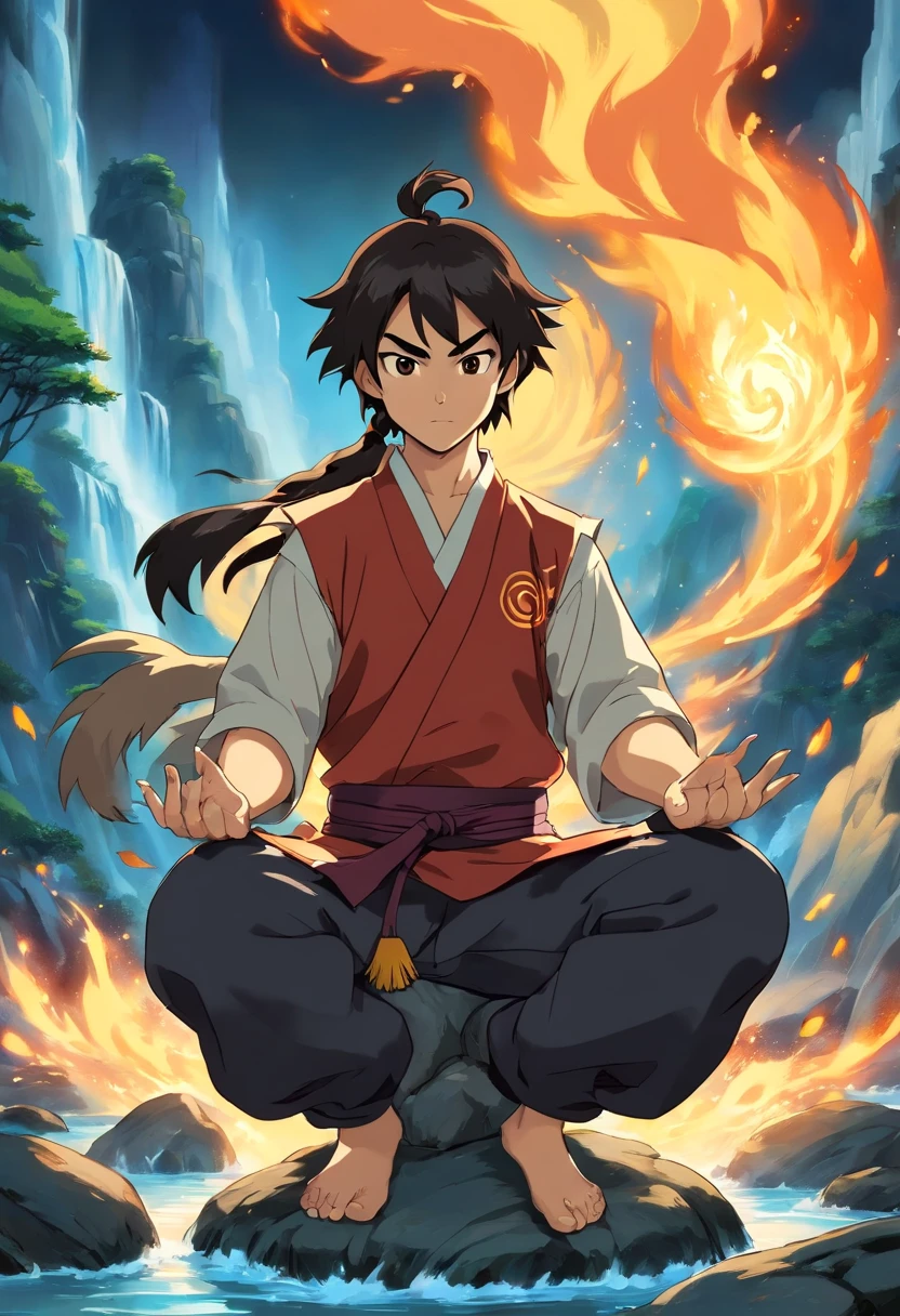 anime do studio ghibli, melhor qualidade, anime, , Ryu, Fire Nation Clothing, Ryu (Sopro de Fogo), masculino, universo (avatar the last airbender), sozinho, cabelos pretos, fire, fogo azul, chamas pelo corpo, Escuro, Cabelo samurai, olhos fechados, Meditando, sentado, Avatar Meditation, Meditation training, 16 anos, Fundo Cachoeira, Ryu sopro de fogo, Dominador de Fogo, - Avatar Universe or Last Airbender, mestre do fogo, roupa preta, blusa preto, luvas pretas, Garganta alta, Baggy Puffy Pants, camisa preta de manga comprida.