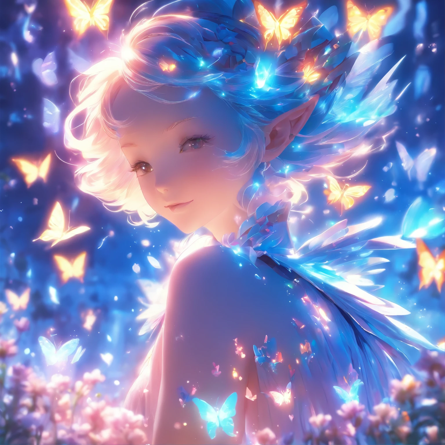 one-girl，Thighs above the knee，Elves in flowers，A pair of transparent butterfly wings，Colorful wings，（A skirt composed of petals：1.5），The petals float into the sky，（Petals of various flowers），best qualtiy，tmasterpiece，Photorealsitic，Photorealistic image quality，The dawn effect，Beam light