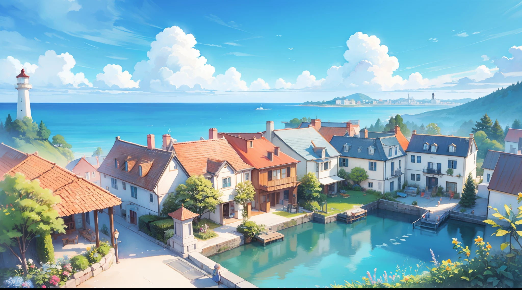 watercolor, children's storybook illustration, clouds, colorful, pastel colors, bright, ((masterpiece)), ((best quality)), 8k, intricate detail, high resolution, highly detailed environment, perfect architecture, sharp focus, highly detailed, fine detail, masterpiece, best quality, tiny details, watercolor storybook illustration, ocean fantasy, watercolor illustration, vibrant colors, village, buildings, houses, lighthouse, ships