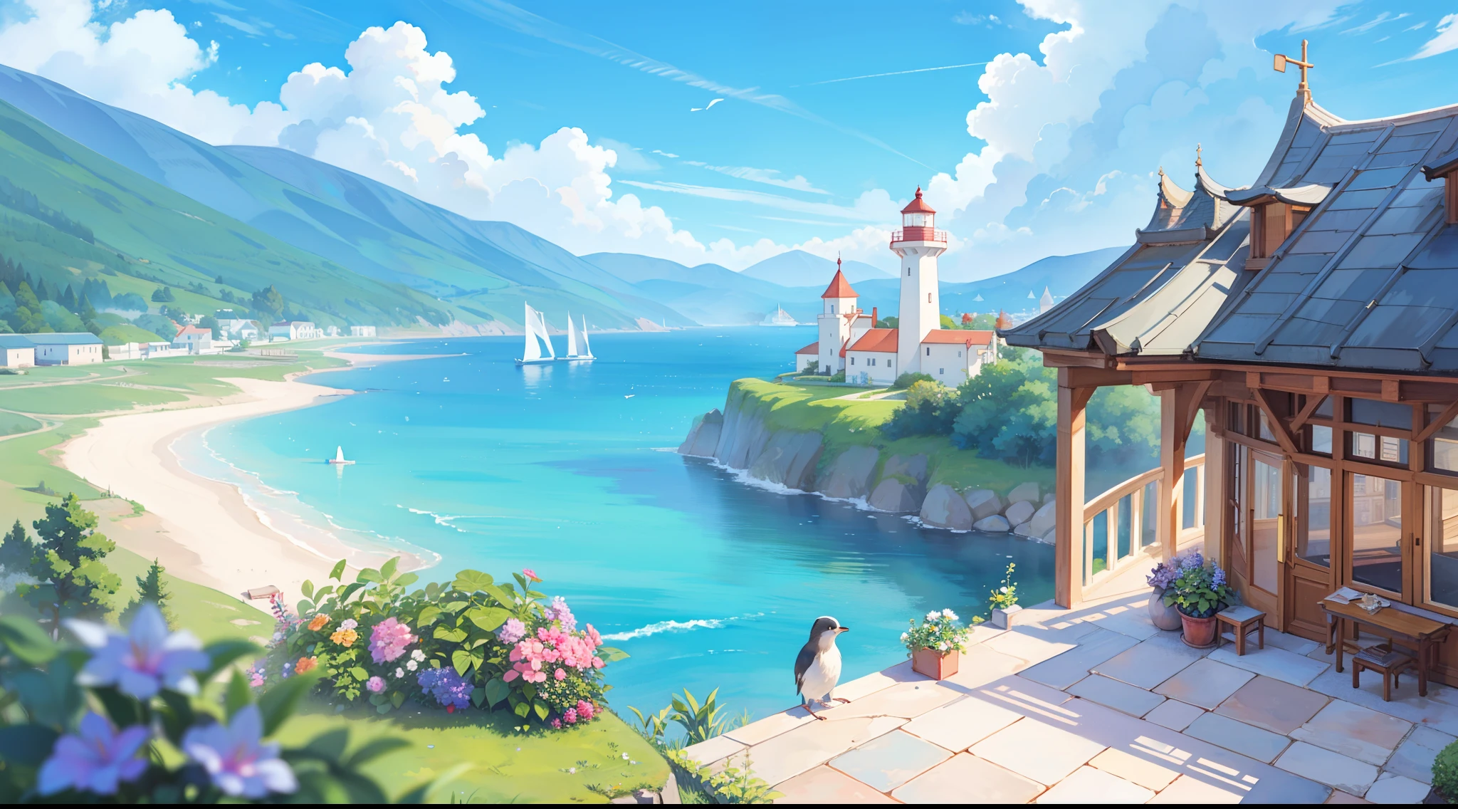 watercolor, children's storybook illustration, clouds, colorful, pastel colors, bright, ((masterpiece)), ((best quality)), 8k, intricate detail, high resolution, highly detailed environment, perfect architecture, sharp focus, highly detailed, fine detail, masterpiece, best quality, tiny details, watercolor storybook illustration, ocean fantasy, watercolor illustration, vibrant colors, village, buildings, houses, lighthouse, ships
