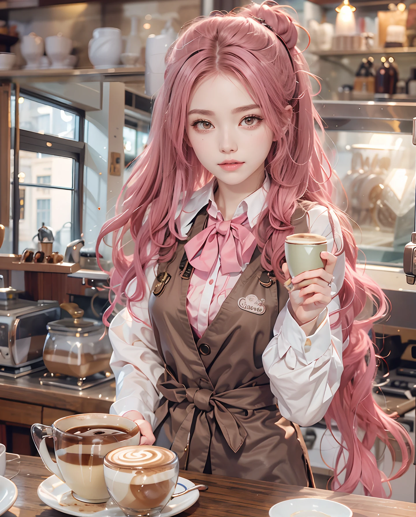 masutepiece、hight resolution、The coffee shop of the future、Woman making delicious coffee、２５Year old girl、１Girl clerk、Looking at the camera、Hair is fashionably tied、long chestnut hair（Pink Inner Color）Pink Extension、smil、Finish as shown in the photo、Coffee and beauty、the skin is white and beautiful、Angle from below the knee、
