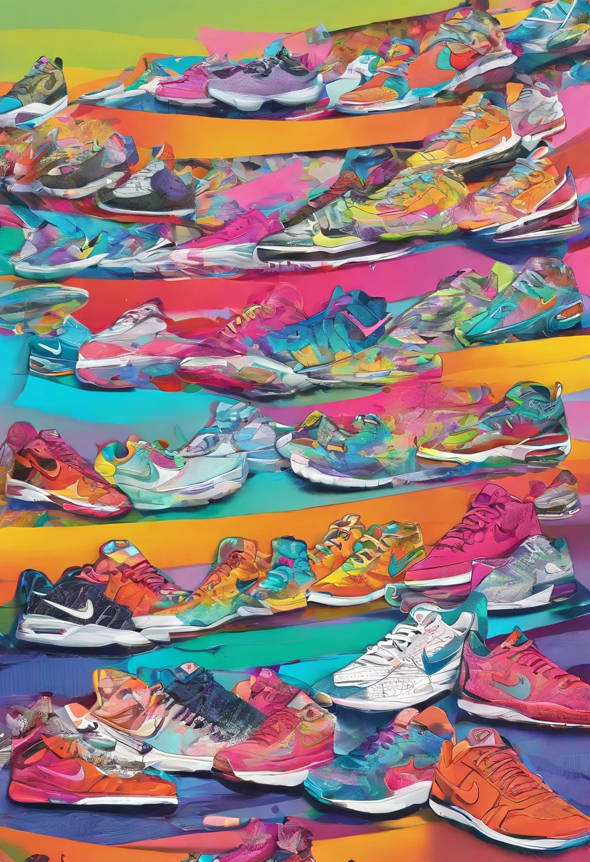 Chaussure de course Nike Air Vapor avec un visage souriant sur la semelle, album artwork, Horizon Forbideen West, Conception de baskets, Basketball Sneaker concept art, Fade to horizon, album art cover, horizon, inspired by Patrick Brown, Neon Glow Concept Art, Concept art of the album cover, official artwork, Illustration HDR officielle, On the horizon, Illustration commerciale, horizon
