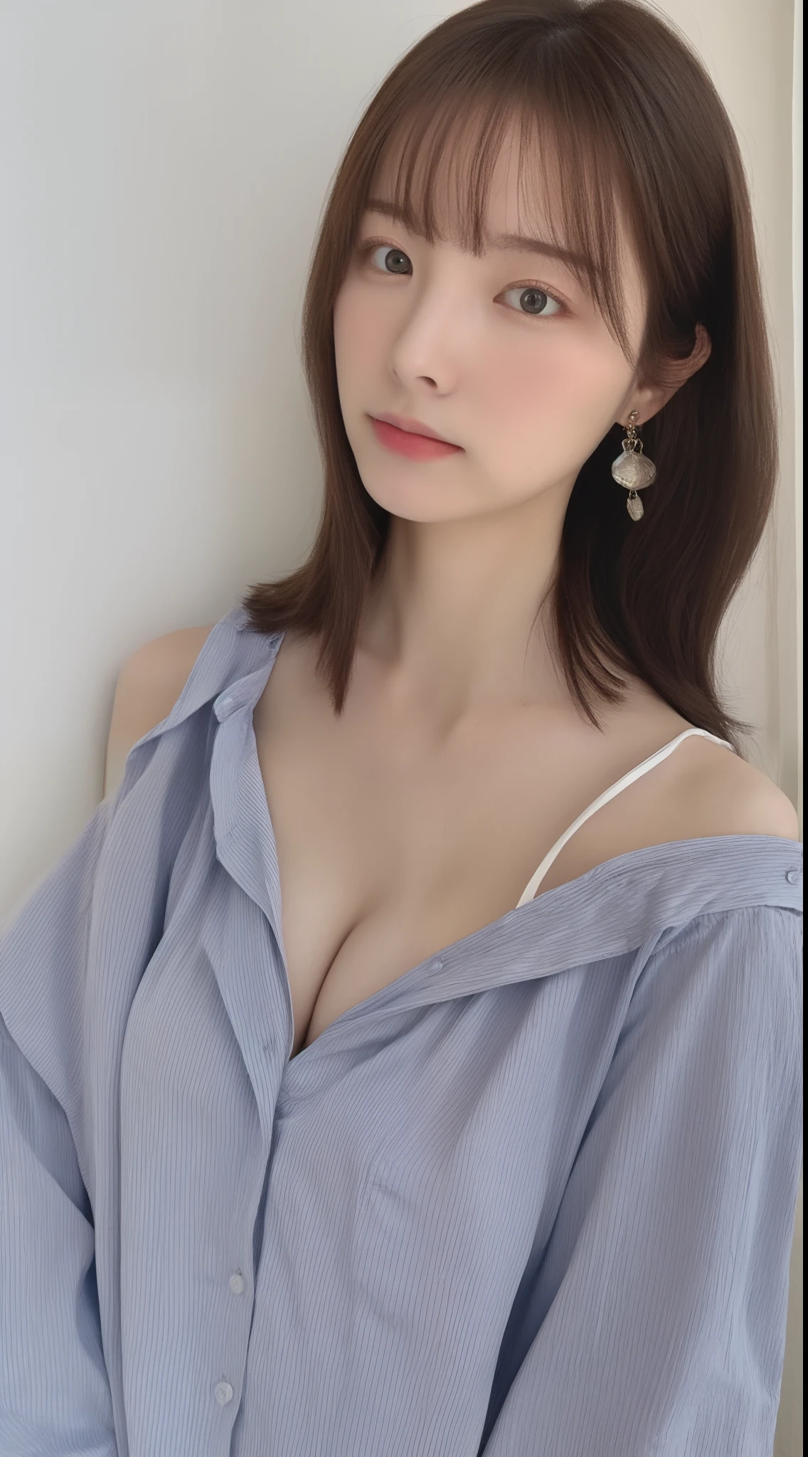 (masutepiece:1.2), Realistic, Photo of 24 years old.Girl in loose shirt(Unbuttoned shirt), half , Best Quality, Big breasts, Bare shoulders, cleavage,  [[Hands hidden behind the back]], earrings, Complete shirt, Solo, [SFW],Big buttocks