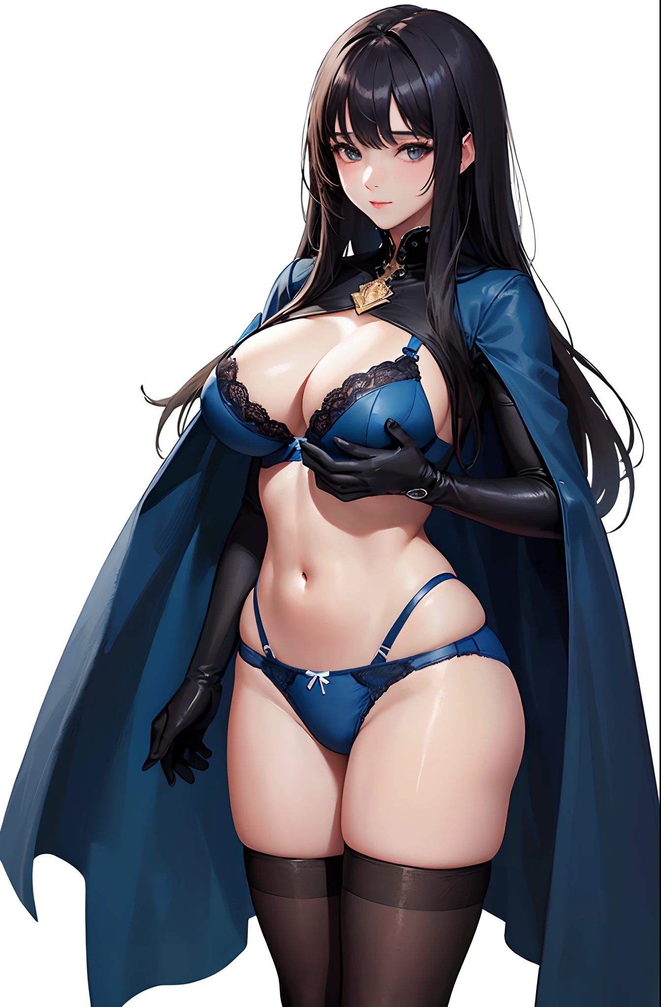 (((masterpiece、top-quality、top-quality、Official art、Beautifully Aesthetic:1.2)))、(1girl in:1.3)、ighly detailed、highestdetailed、A dark-haired、(((Blue underwear)))、(shinny skin)、(((Colossal tits)))、Large Thigh、Sheer areol、(((knee high socks)))、emphasis on the buttocks