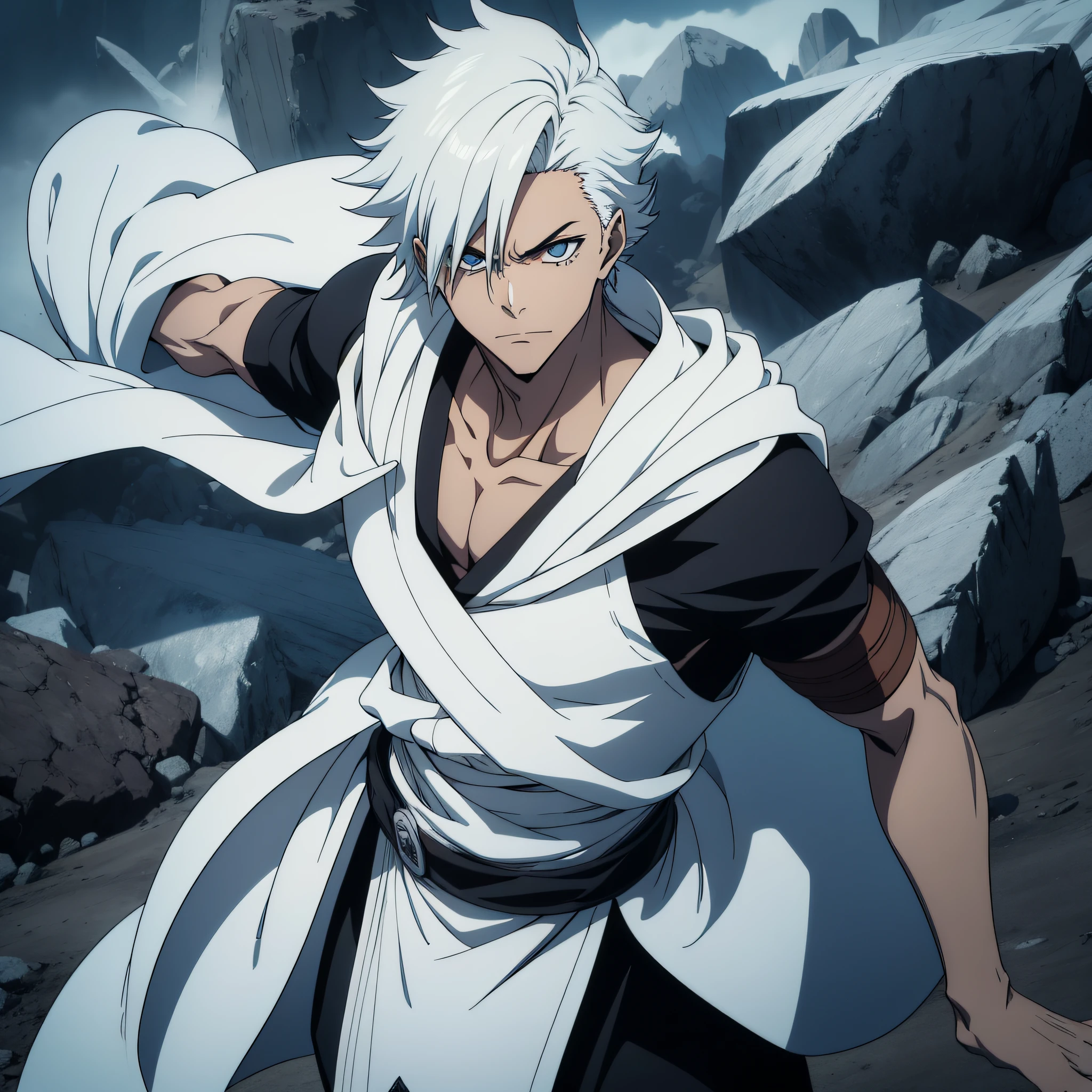 um jovem de cabelos laranja, confident expression, alto e forte, casaco branco, black handles, segurando uma espada gigante irradiando poder, ataque iminente, postura de luta, traje de luta, estilo bleach, Melhor Design de Personagens de Anime, animes style, Boy from anime manga, Shonen, Epic anime style, cinematic lighthing, Epic composition, rosto detalhado, olhos detalhados, extremamente detalhado.