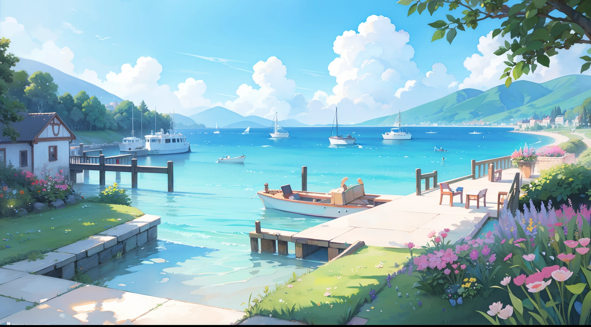 watercolor, children's storybook illustration, clouds, colorful, pastel colors, bright, ((masterpiece)), ((best quality)), 8k, intricate detail, high resolution, highly detailed environment, perfect architecture, sharp focus, highly detailed, fine detail, masterpiece, best quality, tiny details, watercolor storybook illustration, ocean fantasy, watercolor illustration, whimsical, magical, fantasy, warm colors, seaside village