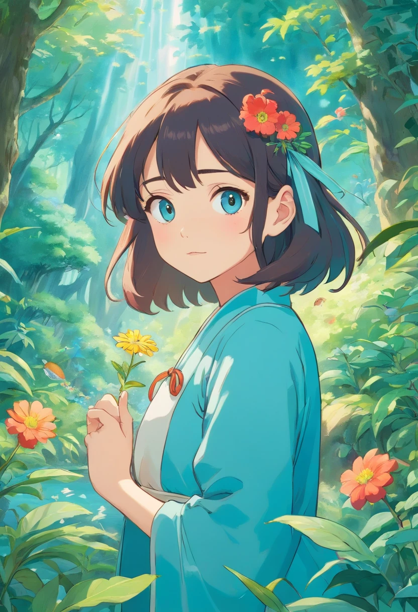 a smart e prideful but gentle girl, in the style of tranquil gardenscapes, colorful animation stills, masami teraoka, aquamarine, paul gauguin, Embry style, honest portrayal