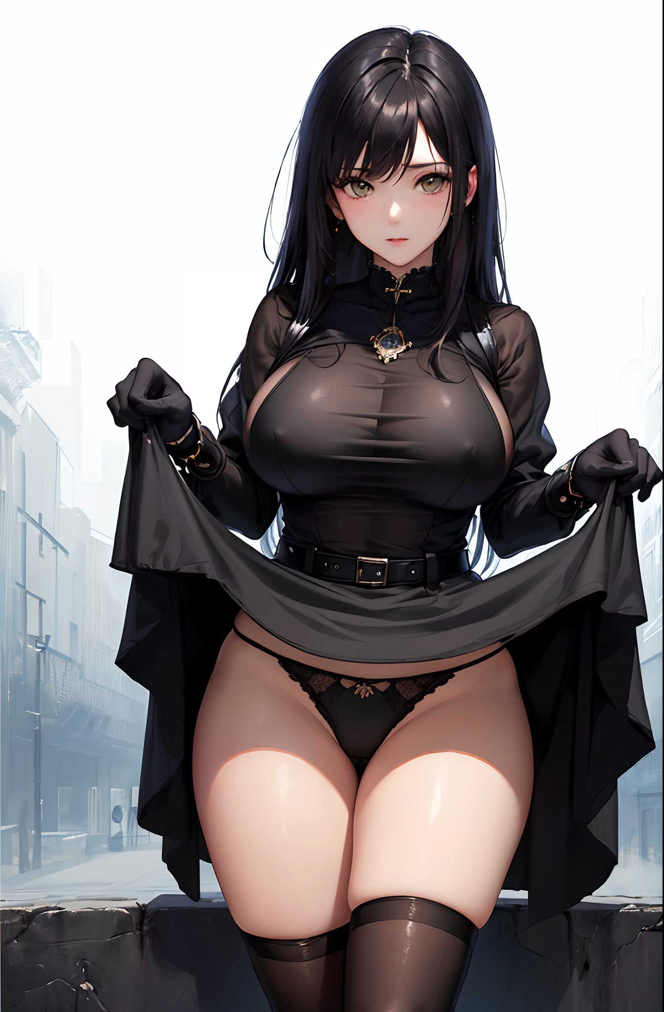 (((masterpiece、top-quality、top-quality、Official art、Beautifully Aesthetic:1.2)))、Sheer clothes、(1girl in:1.3)、、ighly detailed、highestdetailed、A dark-haired、(((Yellow underwear)))、(((shinny skin)))、(((Colossal tits)))、Large Thigh、Sheer areol、(((Black Knee High Socks)))