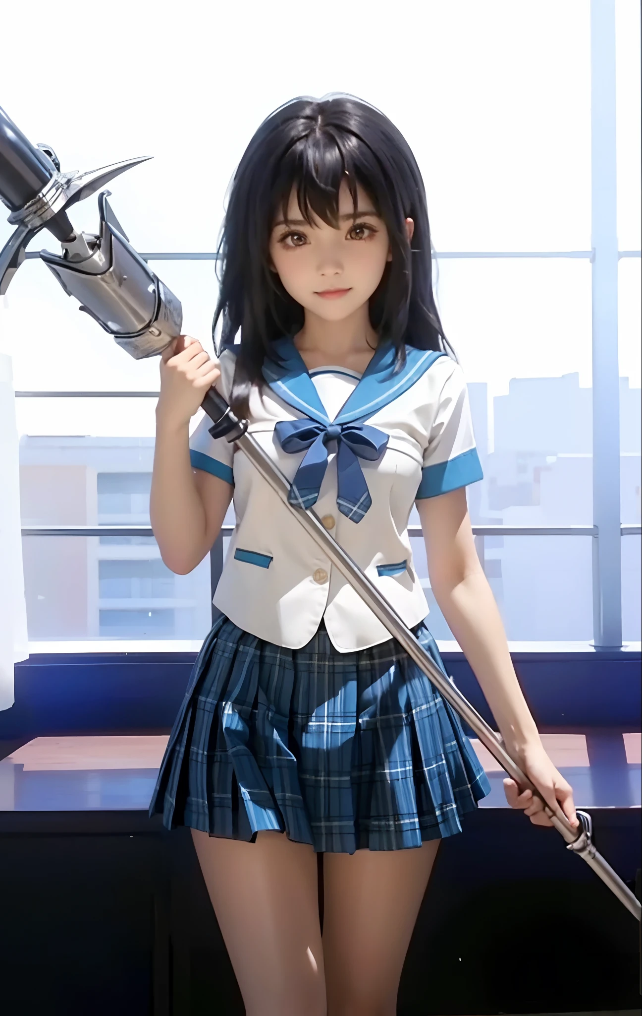 1girl, solo, skirt, school uniform, plaid skirt, plaid, black hair, smile, brown eyes, pleated skirt, polearm, weapon, holding weapon, holding, spear, blue skirt, blue bow, short sleeves, bow, looking at viewer, holding polearm, serafuku, white shirt, shirt, standing, medium hair, miniskirt, cowboy shot, sailor collar