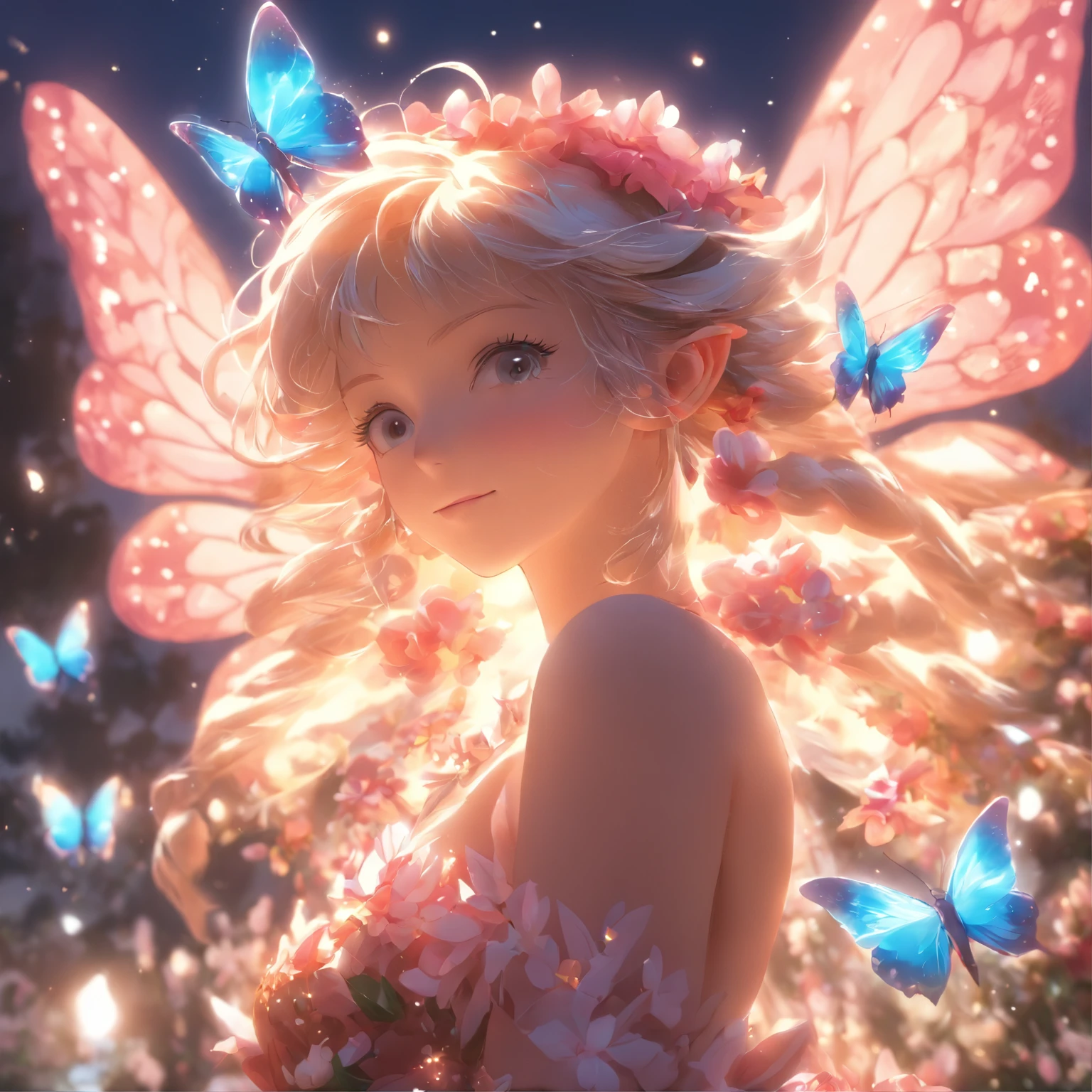one-girl，closeup cleavage，Elves in flowers，A pair of transparent butterfly wings，Colorful wings，（A skirt composed of petals：1.5），The petals float into the sky，（Petals of various flowers），best qualtiy，tmasterpiece，Photorealsitic，Photorealistic image quality，The dawn effect，Beam light
