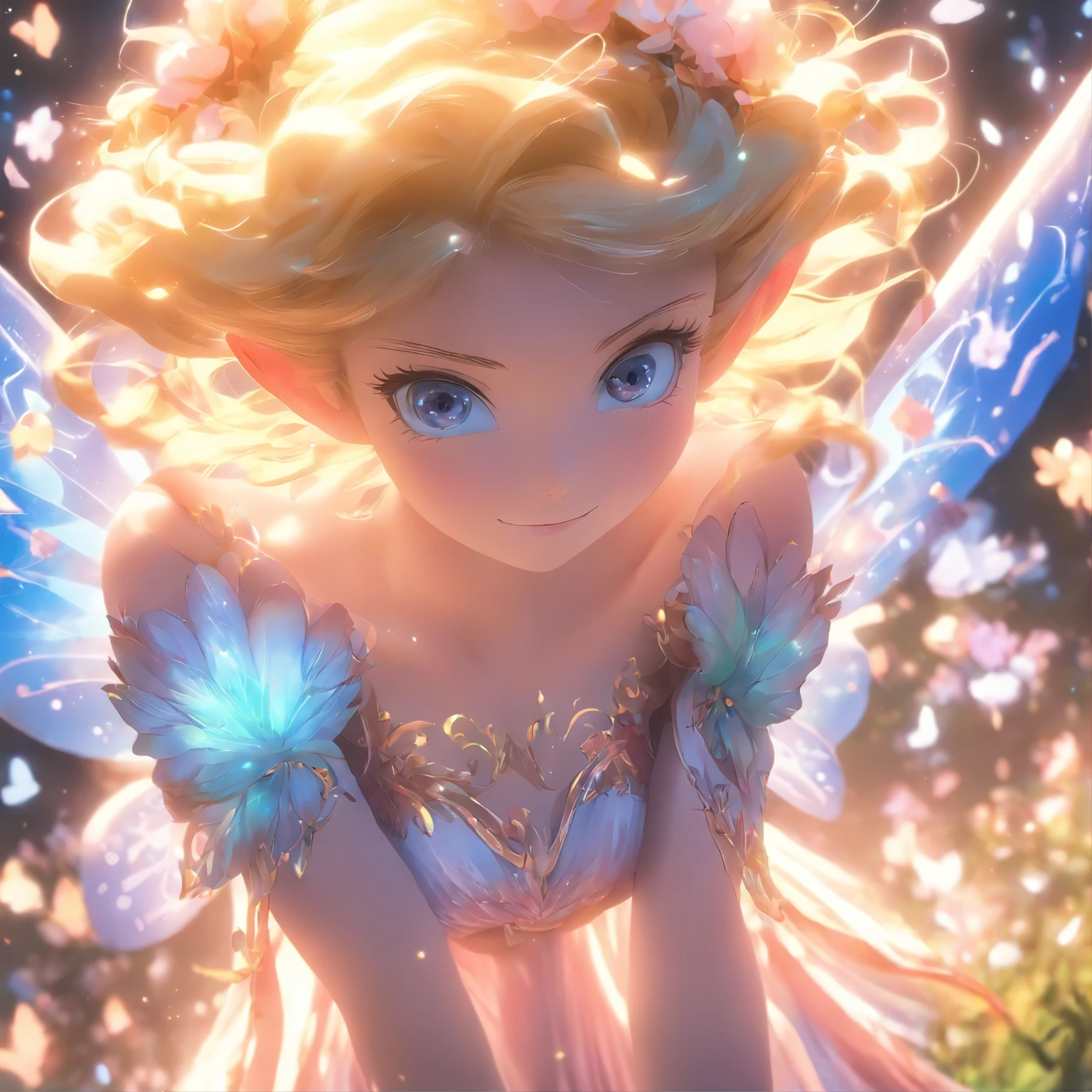 one-girl,closeup cleavage,Elves in flowers,A pair of transparent butterfly wings,Colorful wings,(A skirt composed of petals:1.5),The petals float into the sky,(Petals of various flowers),best qualtiy,tmasterpiece,Photorealsitic,Photorealistic image quality,The dawn effect,Beam light