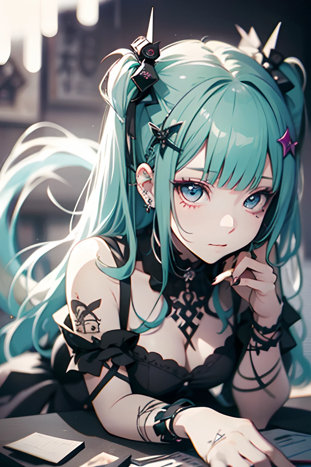 all-fours、Yes、Huza、maid clothes、Green hair、miku hatsune、Twin-tailed、piercings、耳Nipple Ring、The tattoo、goth_punk, 1girl in, 独奏,、top-quality, Photorealistic, An ultra-fine illustrations, beautiful attractive anime girl, miku hatsune, Slender body, Tied hair, one girls, a photo of girl, Full body shot, Beautiful blue eyes, Turned,耳Nipple Ring、hair adornments、jewely、