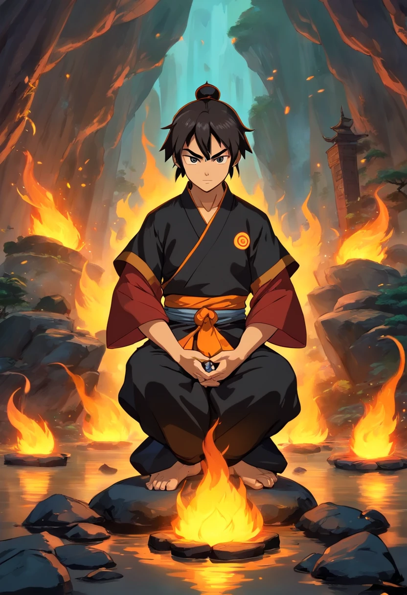 anime do studio ghibli |, melhor qualidade, anime, 1st grade, Ryu, Fire Nation Clothing, Ryu (Sopro de Fogo), masculino, universo (avatar the last airbender), sozinho, cabelos pretos, fire, Fogo azul, chamas azuis pelo corpo, Escuro, Cabelo samurai, olhos fechados, Meditando, sentado, Avatar Meditation, Meditation training, 16 anos, Fundo Cachoeira, Ryu sopro de fogo, Dominador de Fogo, - Avatar Universe or Last Airbender, mestre do fogo, roupa preta, blusa preta, luvas pretas, gola alta, black baggy puffy pants, roupa all black, camisa preta de manga comprida.