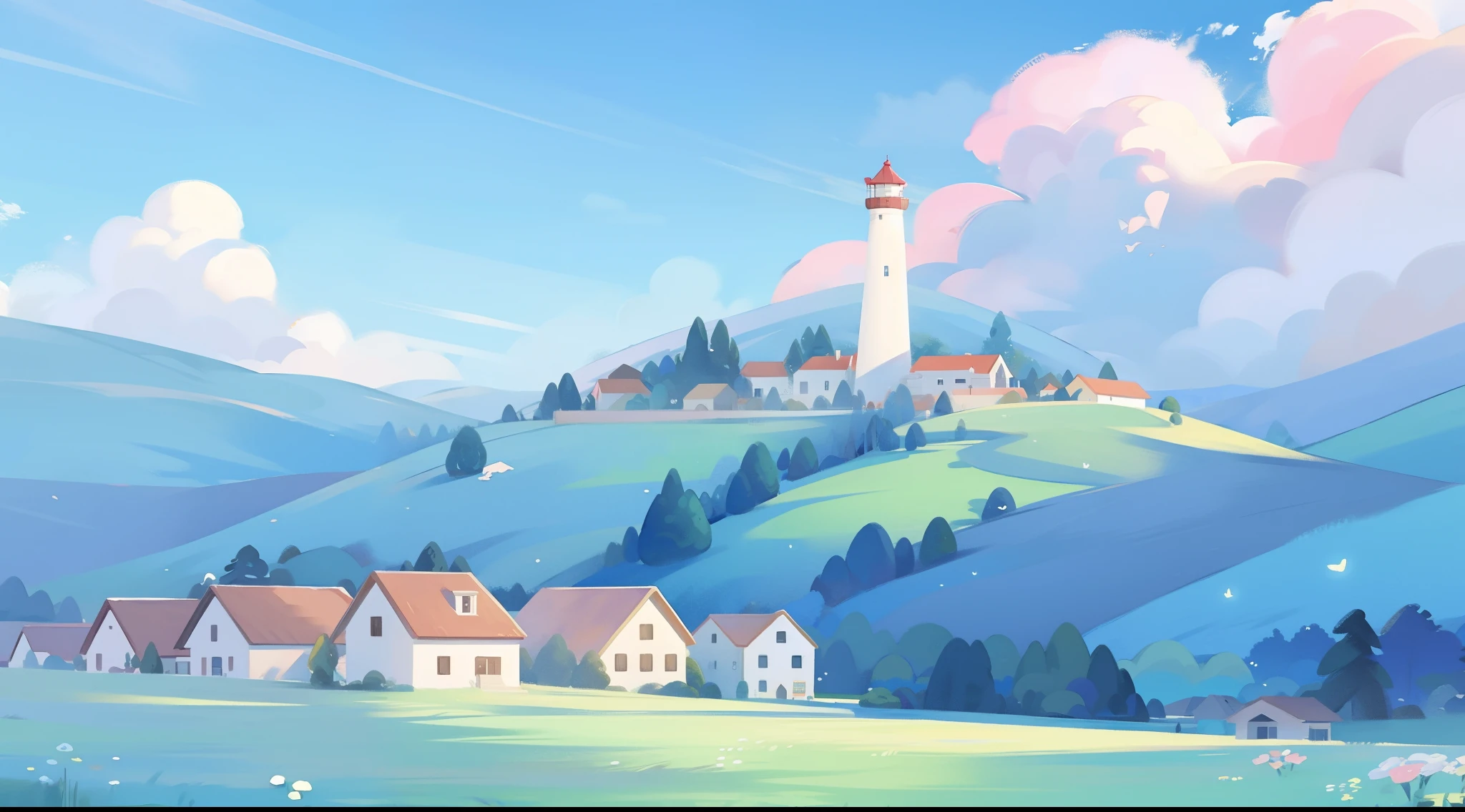 watercolor, children's storybook illustration, clouds, colorful, pastel colors, bright, ((masterpiece)), ((best quality)), 8k, intricate detail, high resolution, highly detailed environment, perfect architecture, sharp focus, highly detailed, fine detail, masterpiece, best quality, tiny details, watercolor storybook illustration, ocean fantasy, watercolor illustration, vibrant colors, village, buildings, houses, lighthouse, ships