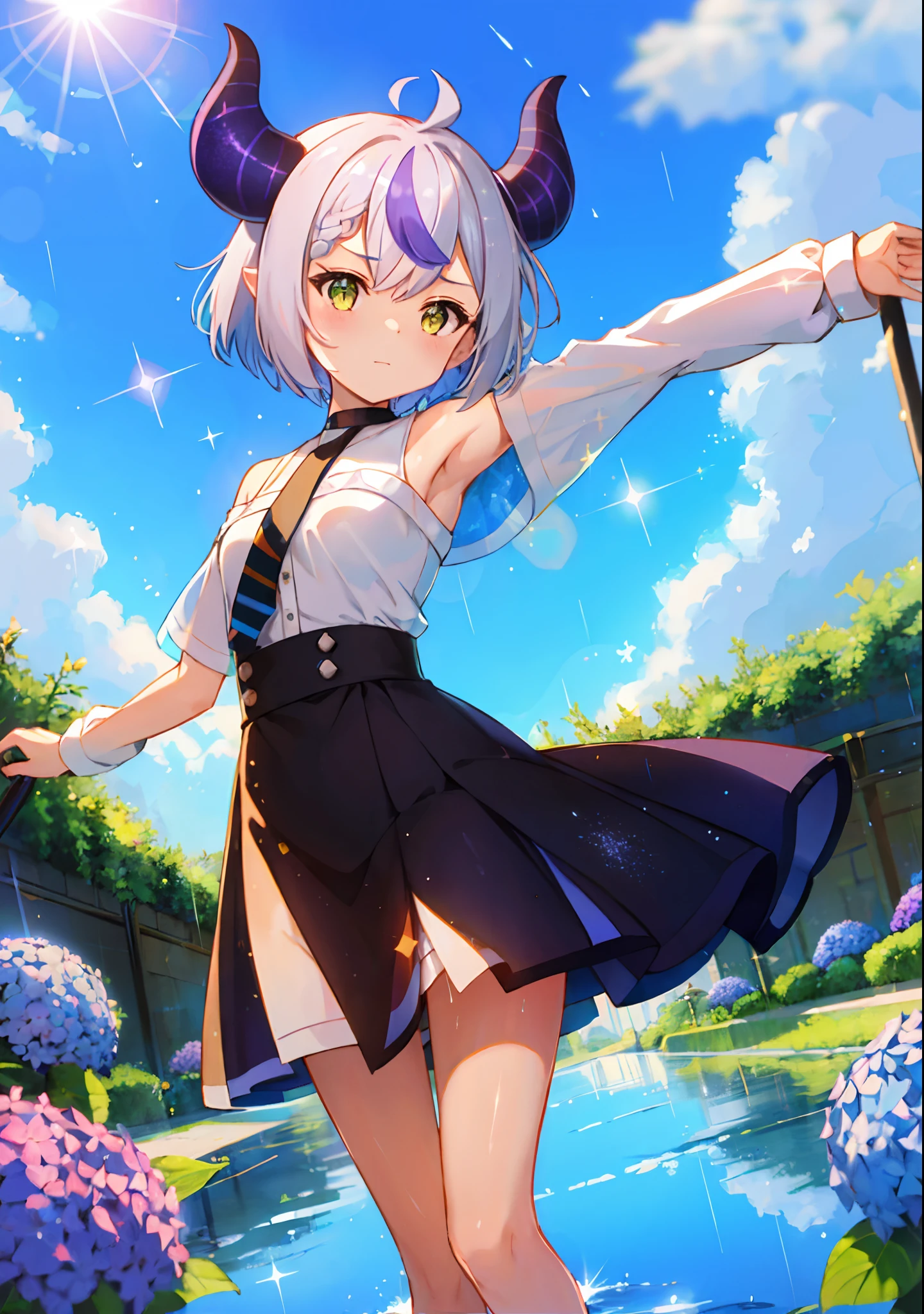 (solo), cute (1girl) walking,path,[from below:1.2],sine short hair, puddle,Water Reflection,rain,floating water drop,hydrangea,(blurry foreground),dynamic angle,asphalt,(blue sky),lens flare,, off-shoulder oversized shirt,(glitter:1.2) presenting armpit