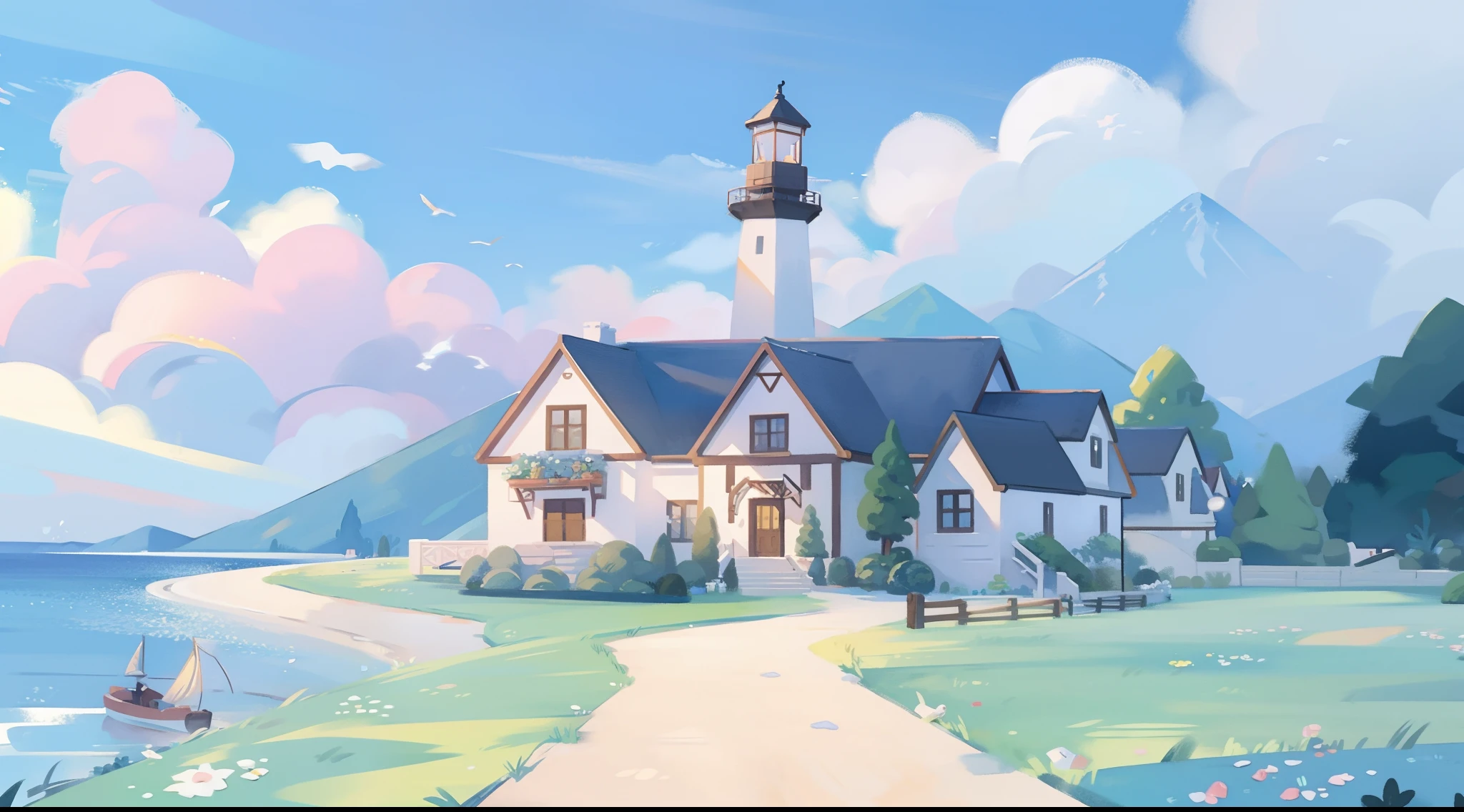 watercolor, children's storybook illustration, clouds, colorful, pastel colors, bright, ((masterpiece)), ((best quality)), 8k, intricate detail, high resolution, highly detailed environment, perfect architecture, sharp focus, highly detailed, fine detail, masterpiece, best quality, tiny details, watercolor storybook illustration, ocean fantasy, watercolor illustration, vibrant colors, village, buildings, houses, lighthouse, ships