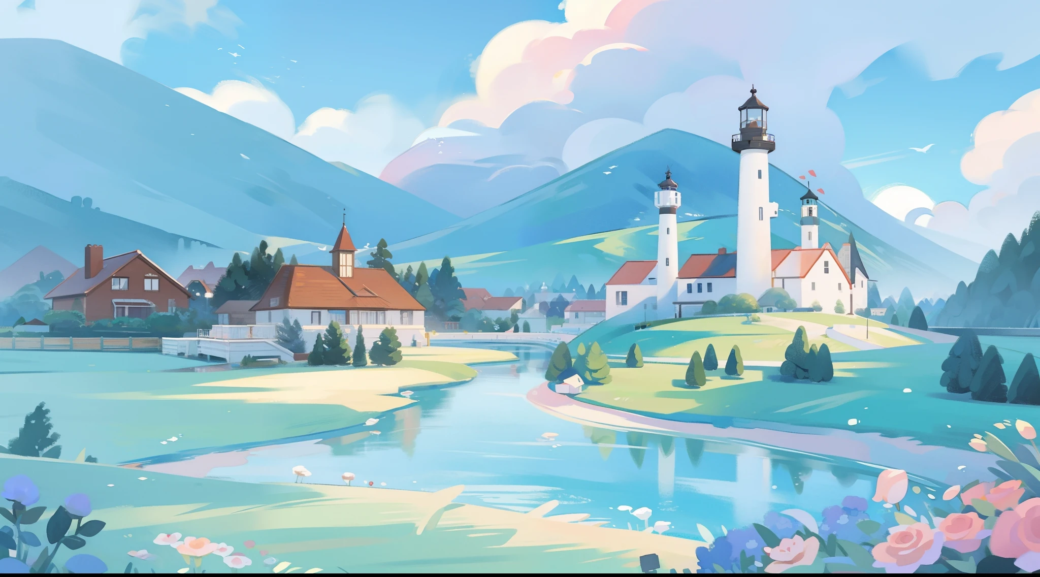 watercolor, children's storybook illustration, clouds, colorful, pastel colors, bright, ((masterpiece)), ((best quality)), 8k, intricate detail, high resolution, highly detailed environment, perfect architecture, sharp focus, highly detailed, fine detail, masterpiece, best quality, tiny details, watercolor storybook illustration, ocean fantasy, watercolor illustration, vibrant colors, village, buildings, houses, lighthouse, ships