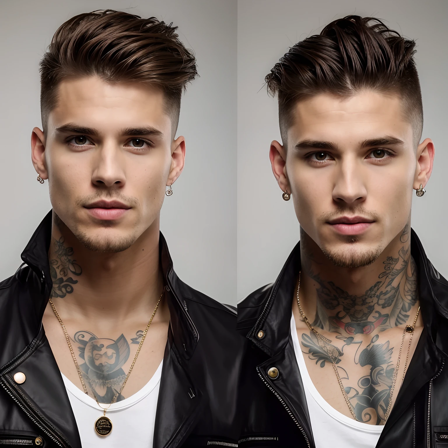 There are two men with tattoos on their neck and chest, 26 anos de idade, com o mesmo penteado, handsome symmetrical faces, beautiful male twins portrait, simetria facial ultra alta, with symmetrical facial features, com tatuagem facial, symmetrical facial feature, photo realistic symmetrical, headshot and bodyshot, perfect symmetrical face, redahair and attractive features, estilo fotorrealista, corte de cabelo moderno, Colton Hayes 8k