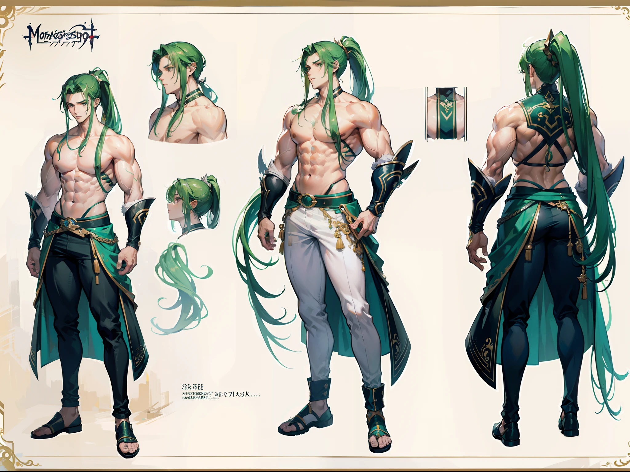 ((Masterpiece, Highest quality)), Detailed face, character design sheet， full bodyesbian, Full of details, frontal body view, back body view, Highly detailed, Depth, Many parts, Muscle boy with ponytail long green hair，handsome man, muscle body, white outfit male gods, man tall