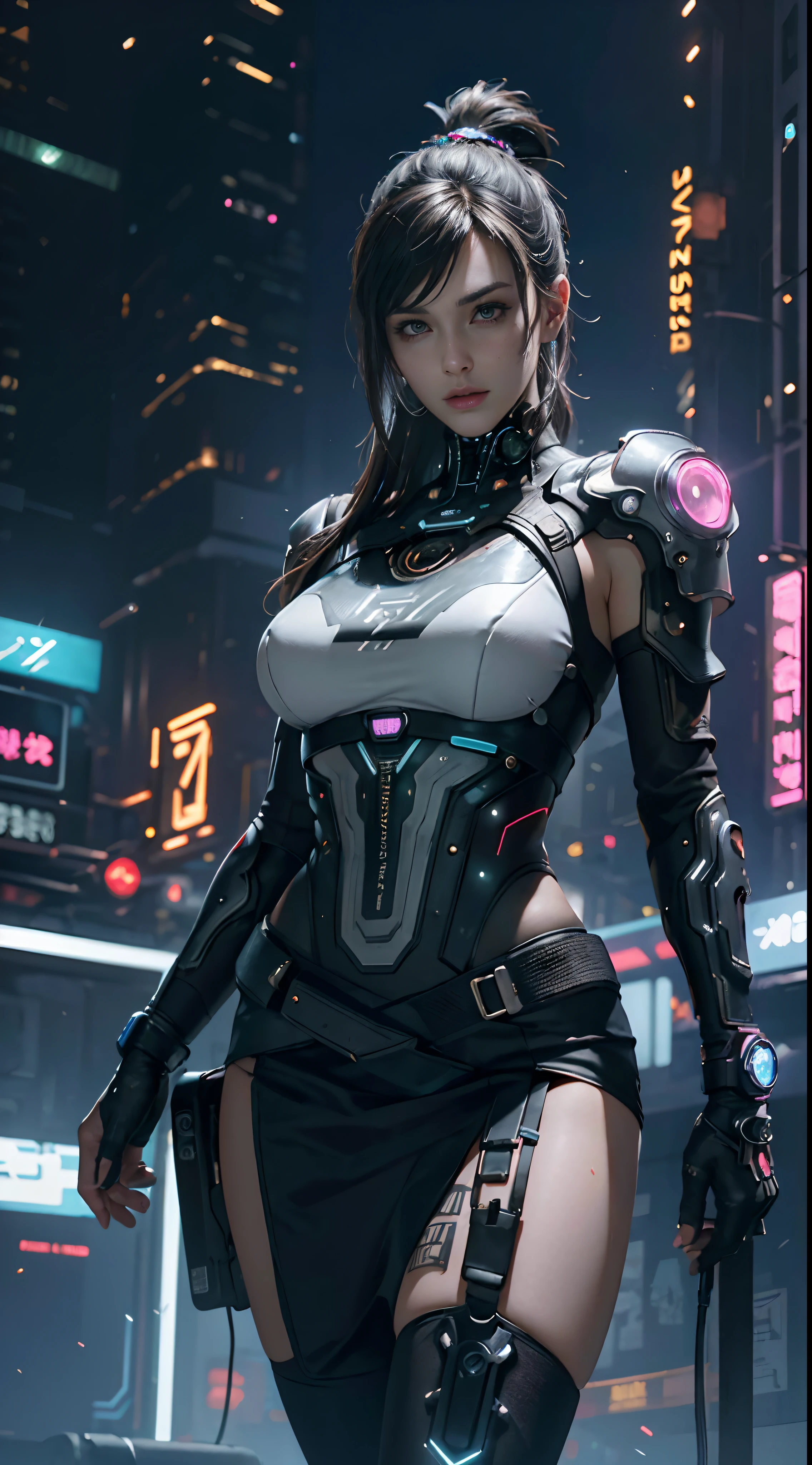 Best Quality)), ((Masterpiece)), (Very Detailed:1.3), 3D, Beautiful (Cyberpunk:1.3)), 1 girl, full body, mohicans hairstyle, big breast, slender body, slender hips, big breasts, dynamic pose, wearing full ((heavy cyberpunk armor)) with neon trim, (head-mounted displays), fiber optic cables, company logos, science fiction, Night Cyberpunk city background, Gantz, In the Style of Cyberpunk 2077, Ultra realistic photo, masterpiece, best quality, CG, wallpaper, HDR, high quality, high-definition, extremely detailed, {beautiful detailed face}, {beautiful detailed eyes}, (detailed light){{intricate detail}}, {highres}, ((detailed face)), neon light, chiaroscuro, key visual, intricate detail, highly detailed, breathtaking, vibrant, cinematic, low ISO, white balance, rule of thirds, wide aperture, 8K RAW, efficient sub-pixels, subpixel convolution, luminous particles,