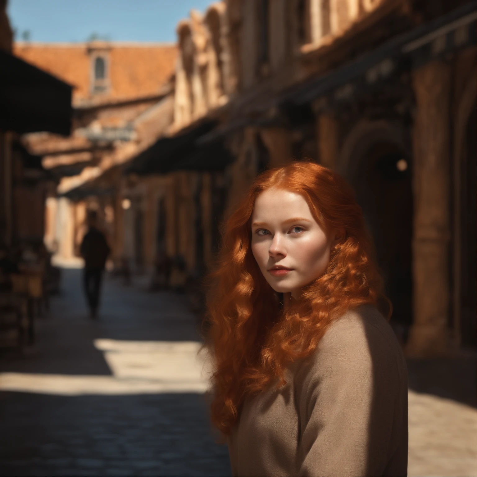 Photorealistic photo of young ginger woman wondering in old market i Tailand, soft smile, art by midjorney, luminism, ultimate intricate shadow - light contrast, IPA award wining masterpiece, artistic lens, warm colors, art by Tim Burton