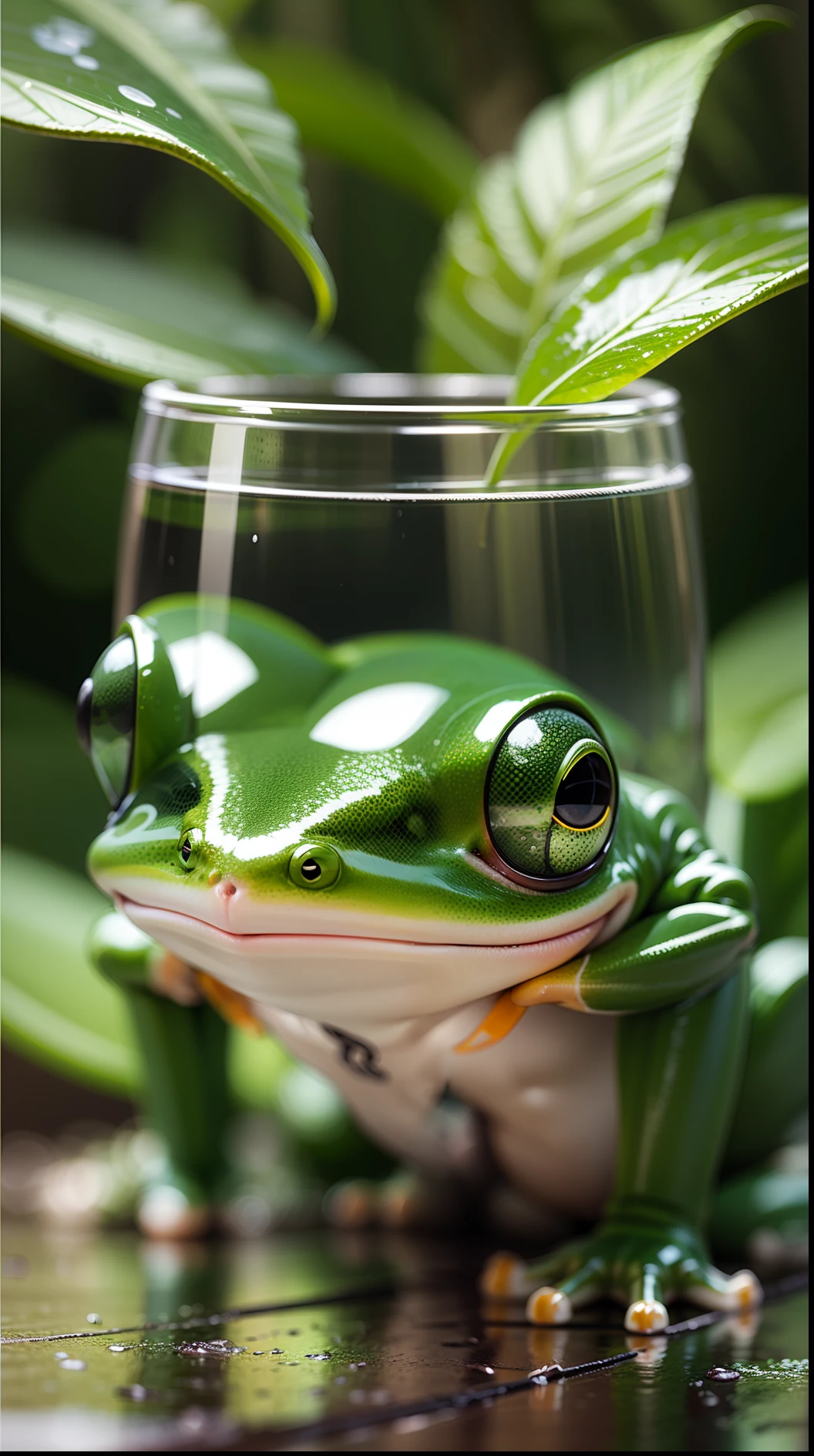 transparent glass frog transparent green glass body frog head realistic photo, walking with headphones on the head, Amazon rainforest, very green river in the background of the scene, smille, life style --auto --s2