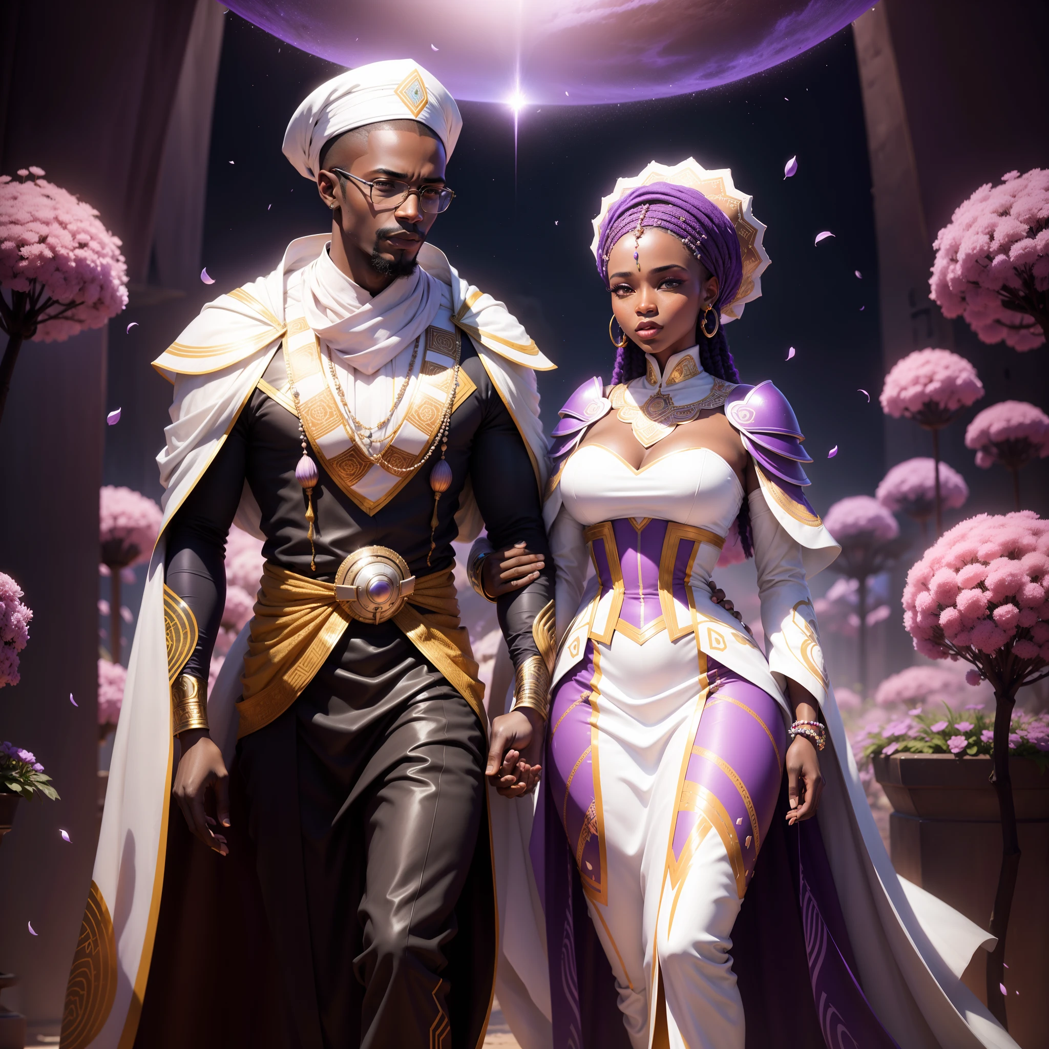 African man wedding African woman with congregation watching them, all wearing African traditional clothes in an African futuristic Exo planet, falling purple petals in scene, the whole scene in white colour, white smoke in scene, with iridescent light, photorealistic image, 32k, ultra HD, cinematic lighting, artgerm style, highly detailed images, vibrant and beautiful colours,