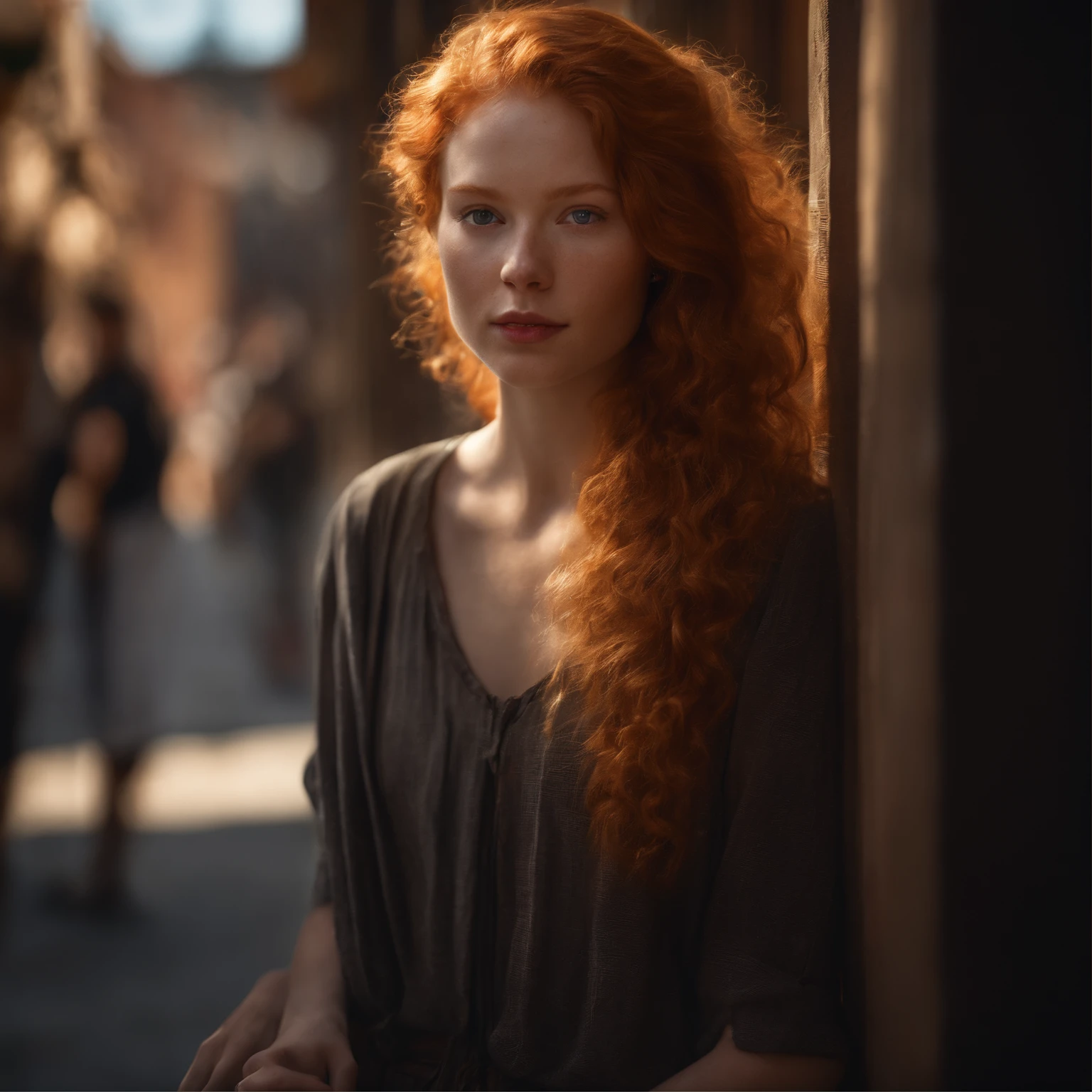 Photorealistic photo of young ginger woman wondering in old market i Tailand, soft smile, art by midjorney, luminism, ultimate intricate shadow - light contrast, IPA award wining masterpiece, artistic lens, warm colors, art by Tim Burton