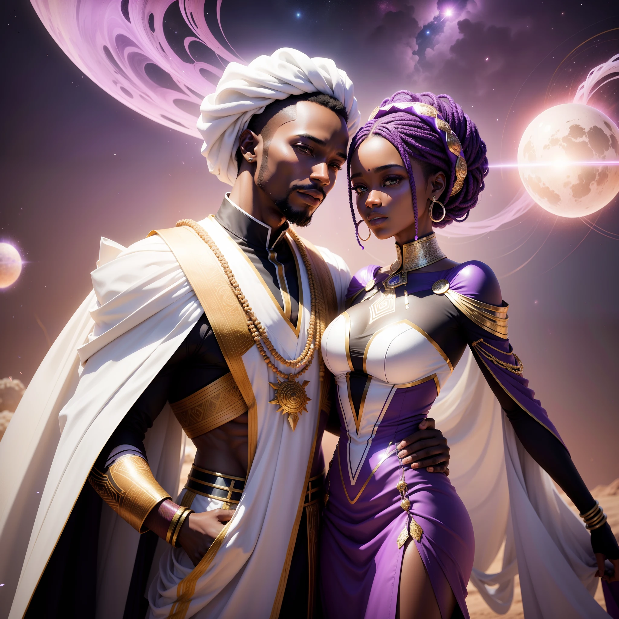 African man wedding African woman with congregation watching them, all wearing African traditional clothes in an African futuristic Exo planet, falling purple petals in scene, the whole scene in white colour, white smoke in scene, with iridescent light, photorealistic image, 32k, ultra HD, cinematic lighting, artgerm style, highly detailed images, vibrant and beautiful colours,