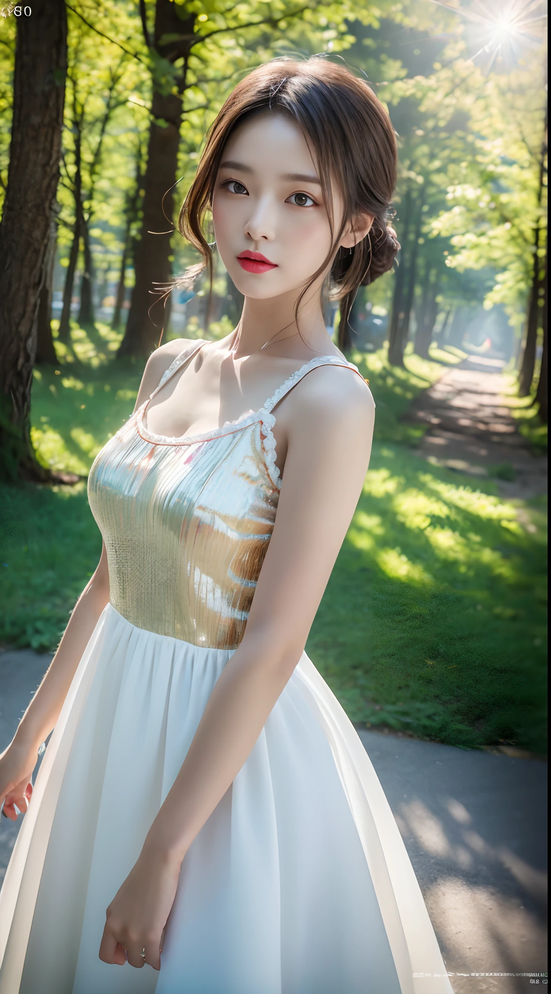 (8k, RAW photo, best quality, masterpiece:1.2), (realistic, photo-realistic:1.37), professional lighting, photon mapping, radiosity, Korean Doll, park, white summer dress
