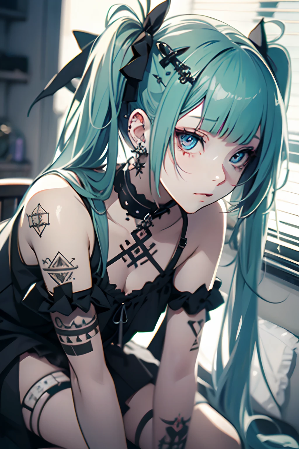 all-fours、Yes、Huza、maid clothes、Green hair、miku hatsune、Twin-tailed、piercings、耳Nipple Ring、The tattoo、goth_punk, 1girl in, 独奏,、top-quality, Photorealistic, An ultra-fine illustrations, beautiful attractive anime girl, miku hatsune, Slender body, Tied hair, one girls, a photo of girl, Full body shot, Beautiful blue eyes, Turned,耳Nipple Ring、hair adornments、jewely、