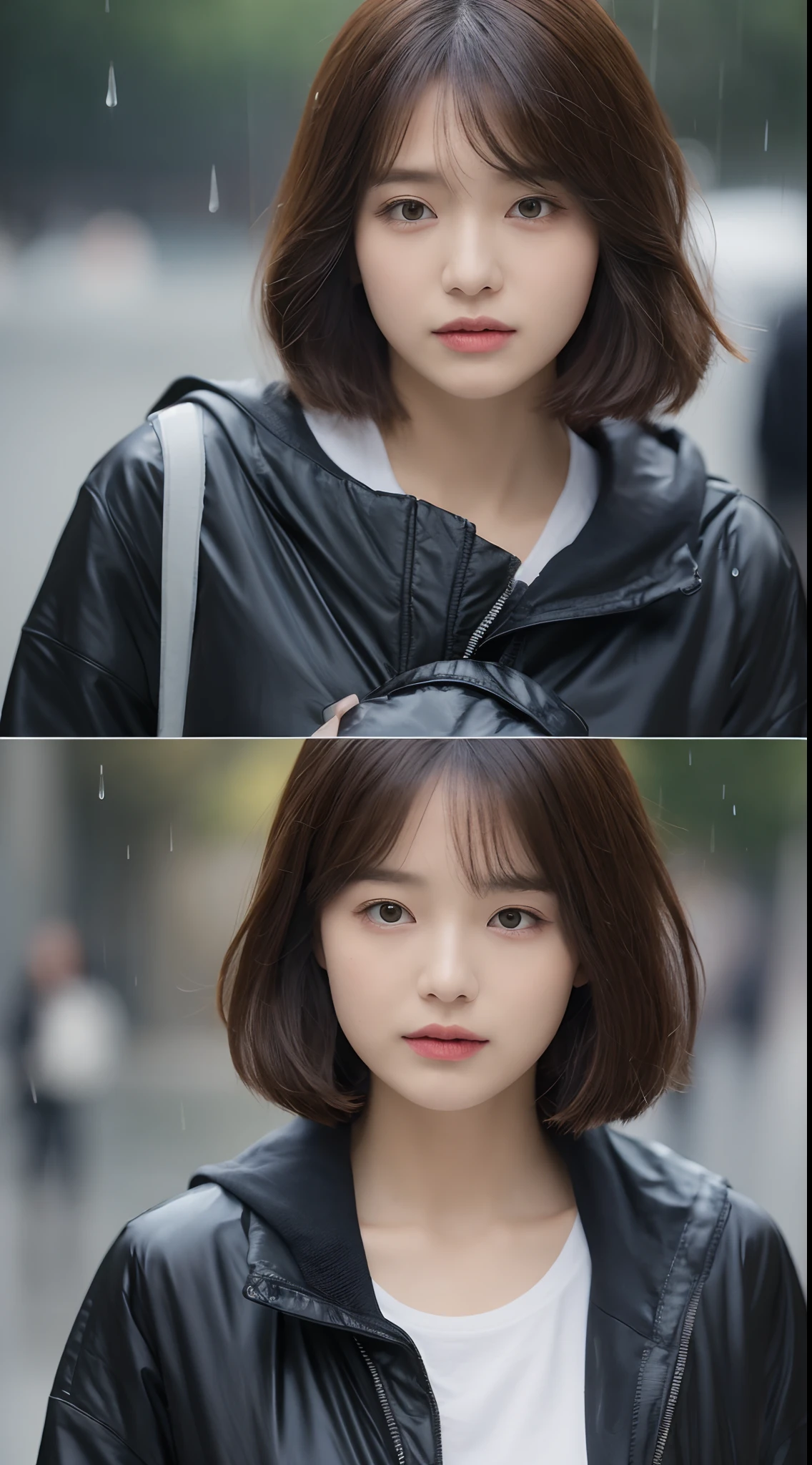 ((Best Quality, 8k, Masterpiece: 1.3)), Focus: 1.2, Perfect Body Beauty: 1.4, Slim Abs: 1.2, ((Layered Haircut, Big Breasts: 1.2)), (Wet Clothes: 1.1) , (Rain, Street:1.3), Wet Body: 1.1, Highly detailed face and skin texture, Detailed eyes, Double eyelids, Double clothes, Short clothes