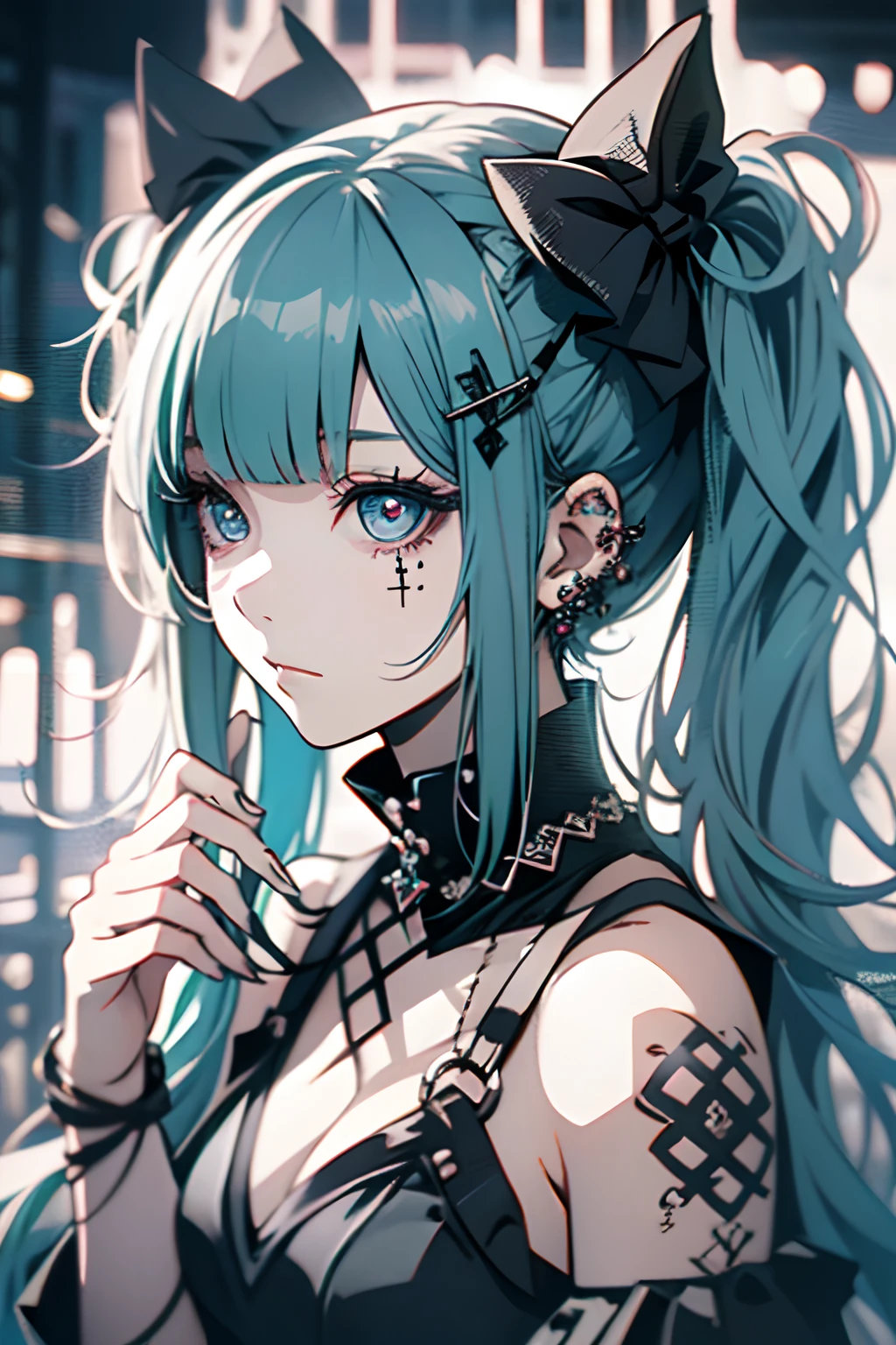 all-fours、yes、Huza、maid clothes、Green hair、miku hatsune、Twin-tailed、piercings、耳Nipple Ring、The tattoo、goth_punk, 1girl in, 独奏,、top-quality, Photorealistic, An ultra-fine illustrations, beautiful attractive anime girl, miku hatsune, Slender body, Tied hair, one girls, a photo of girl, Full body shot, Beautiful blue eyes, Turned,耳Nipple Ring、hair adornments、jewely、
