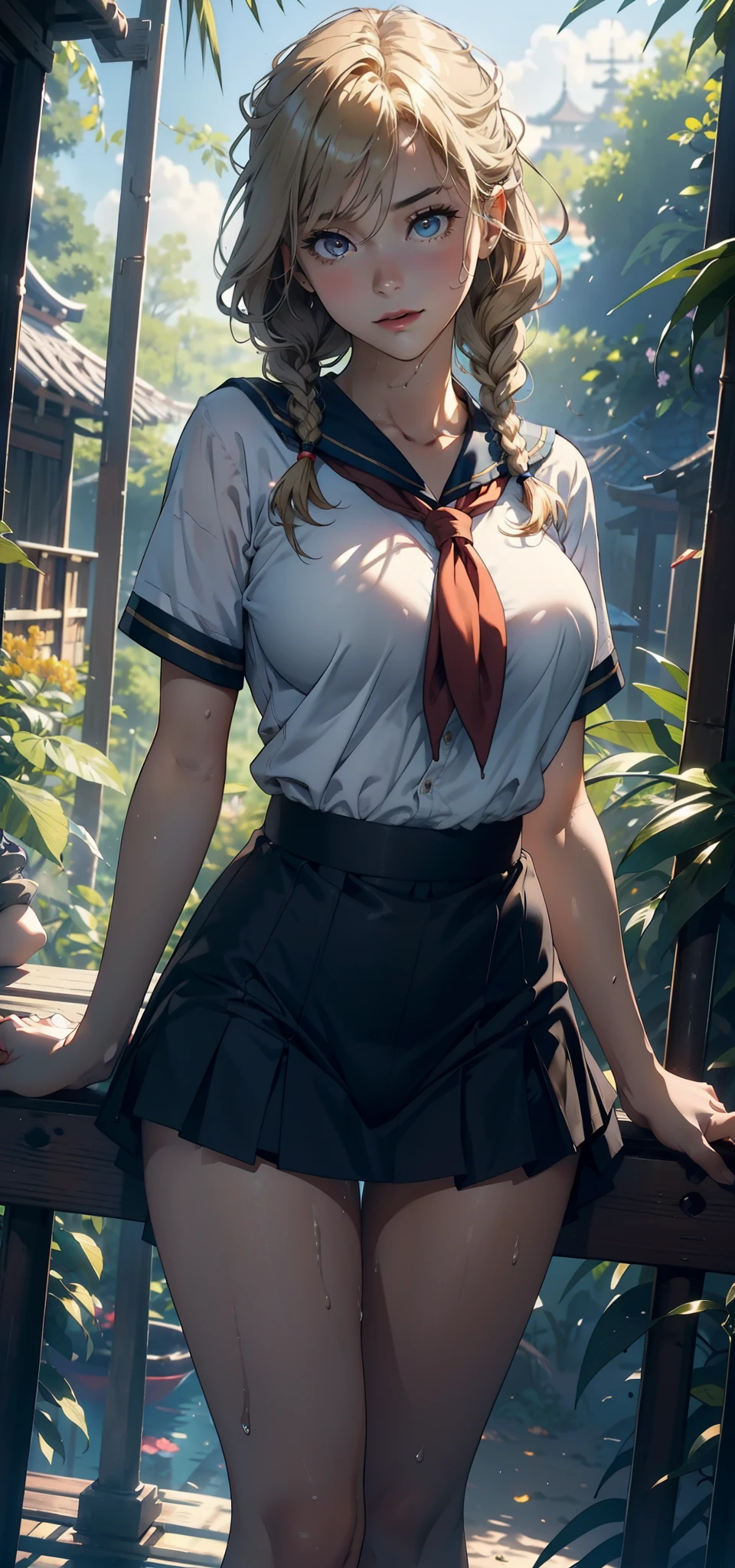 1female，25 age old，Slim，Large breasts，long leges，Big breasts Thin waist，Pornographic exposure， 独奏，（Background with：bamboo forrest，Stand in a sea of flowers，in summer） She has short blonde hair，standing on your feet，Sweat profusely，drenched all over the body，seen from the front， Twist braids， mostly cloudy sky，（（（tmasterpiece），（Very detailed CG unity 8K wallpaper），best qualtiy，cinmatic lighting，detailed back ground，beatiful detailed eyes，Bright pupils，（Very fine and beautiful），（Beautiful and detailed eye description），ultra - detailed，tmasterpiece，）），facing at camera，A high resolution，ultra - detailed），revealing breasts，Bare genitalia， Bulge，Camel toes，Raised sexy，Flushed complexion，Open-mouthed，frontage，elementary student，Sailor's cap（Wearing：Sailor uniform，Black socks，）nakeness，upper body photos