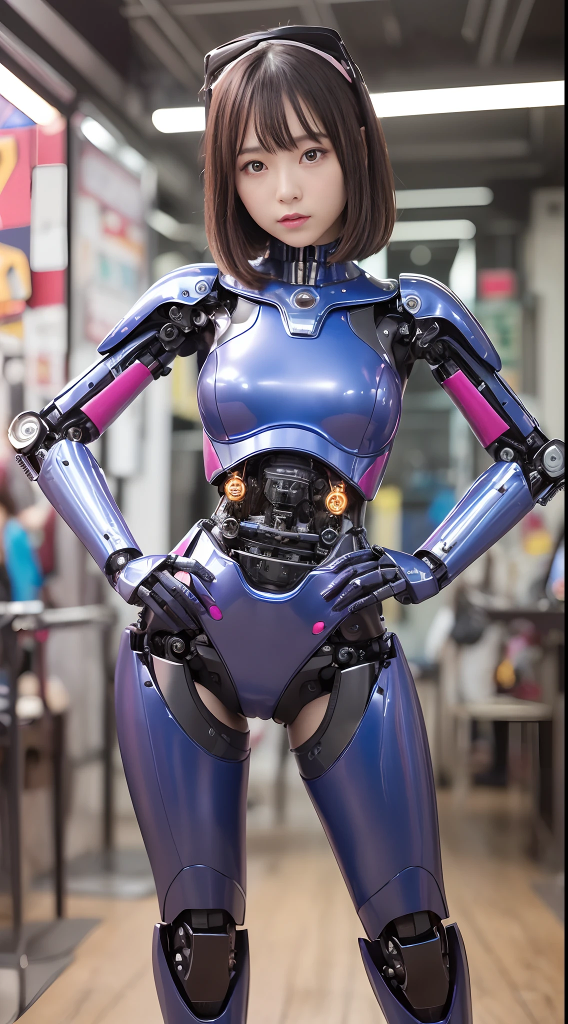(Photorealsitic:1.4)、one girl、(top-quality)、(hyperdetailed face)、(Super well-formed face)、((Robot Parts))、(Female-Robot)、(25 years-old)、(Blue)、(pink there)、(Burgundy)、(metallic)、(full-body)、(sexy pose)、(Slender body)、(Model body type)、(full body mech)、(mechanical exposure)、(Akihabara)、(is looking at the camera)、(A dark-haired)、(Well-proportioned lady)、(a small face)、(well-groomed fingers)、(Idol)、(front facing)、(Standing with legs open)、(Hands on hips)、(Photo session)、(Looks sad)、(perfect-female-robot)、(perfect-mechanical-body)
