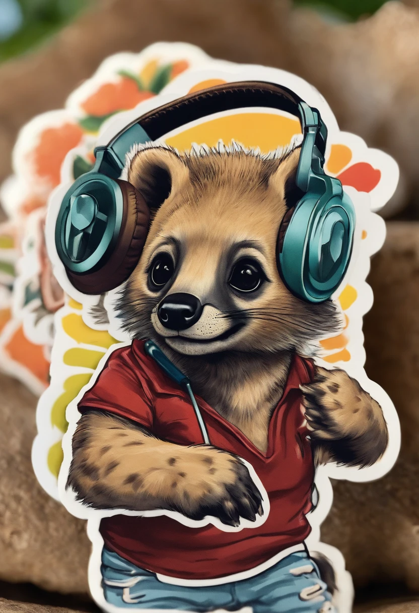 Cute stickers, baby hyena DJing with headphones, tropical beach, colorful, retro classic, easy drawing, stickers for 3-6 seniors